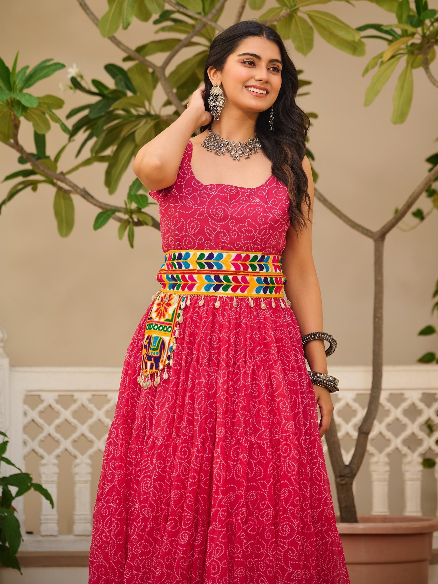 Impressive Pink Bandhani Printed Georgette Navratri Gown