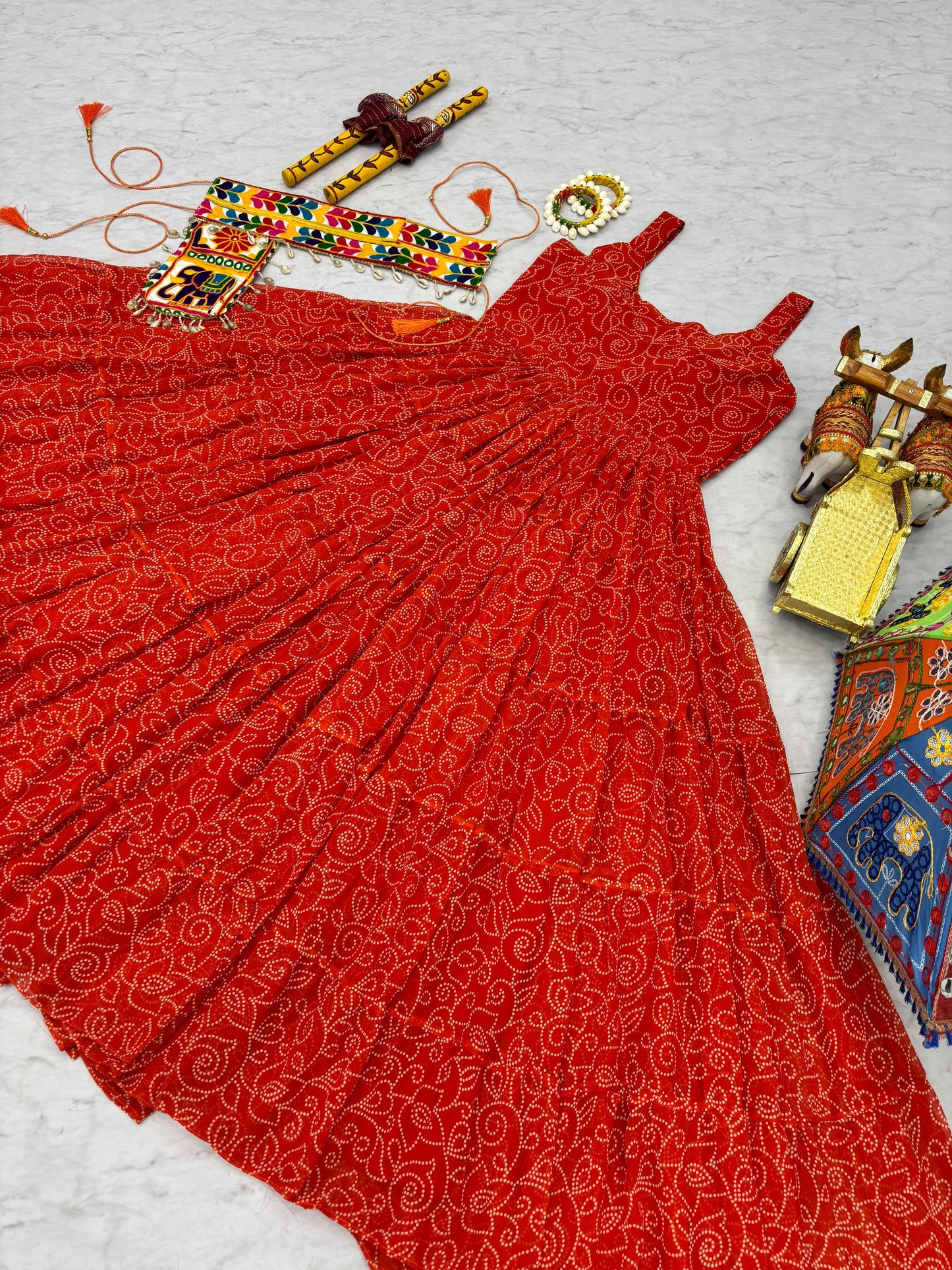 Spectacular Red Bandhani Printed Georgette Navratri Gown