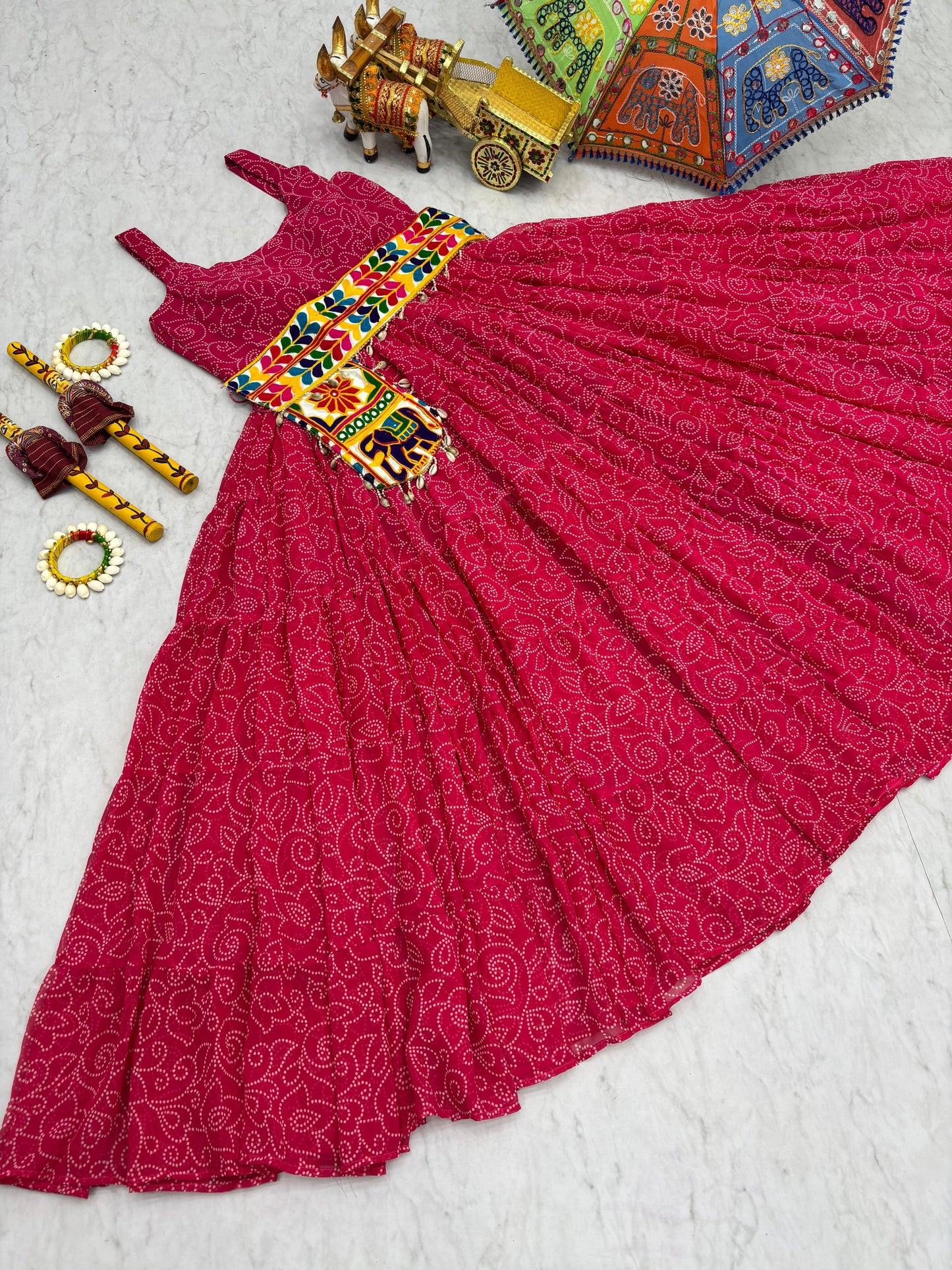 Impressive Pink Bandhani Printed Georgette Navratri Gown