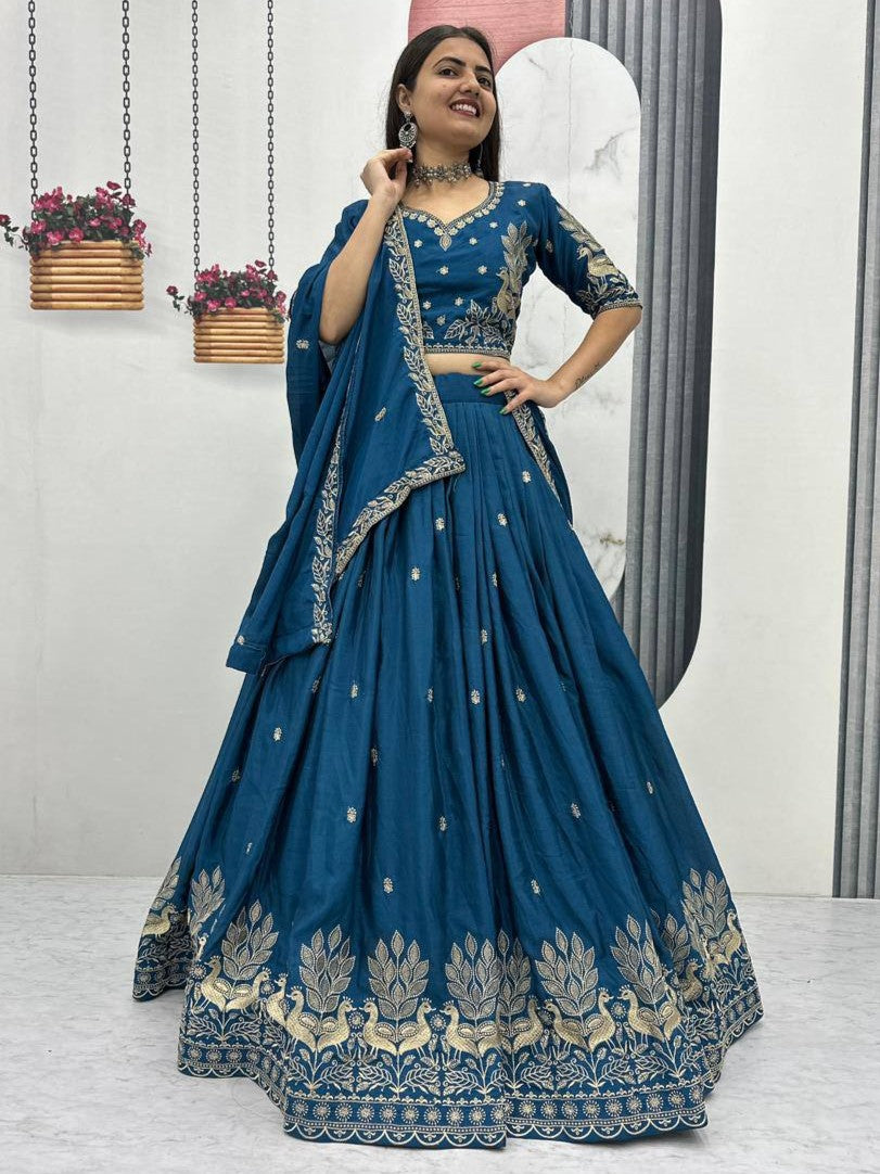 Attractive Blue Zari Work Chinon Wedding Lehenga Choli
