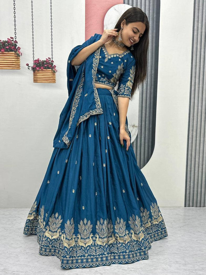 Attractive Blue Zari Work Chinon Wedding Lehenga Choli