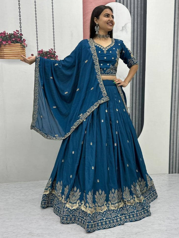 Attractive Blue Zari Work Chinon Wedding Lehenga Choli
