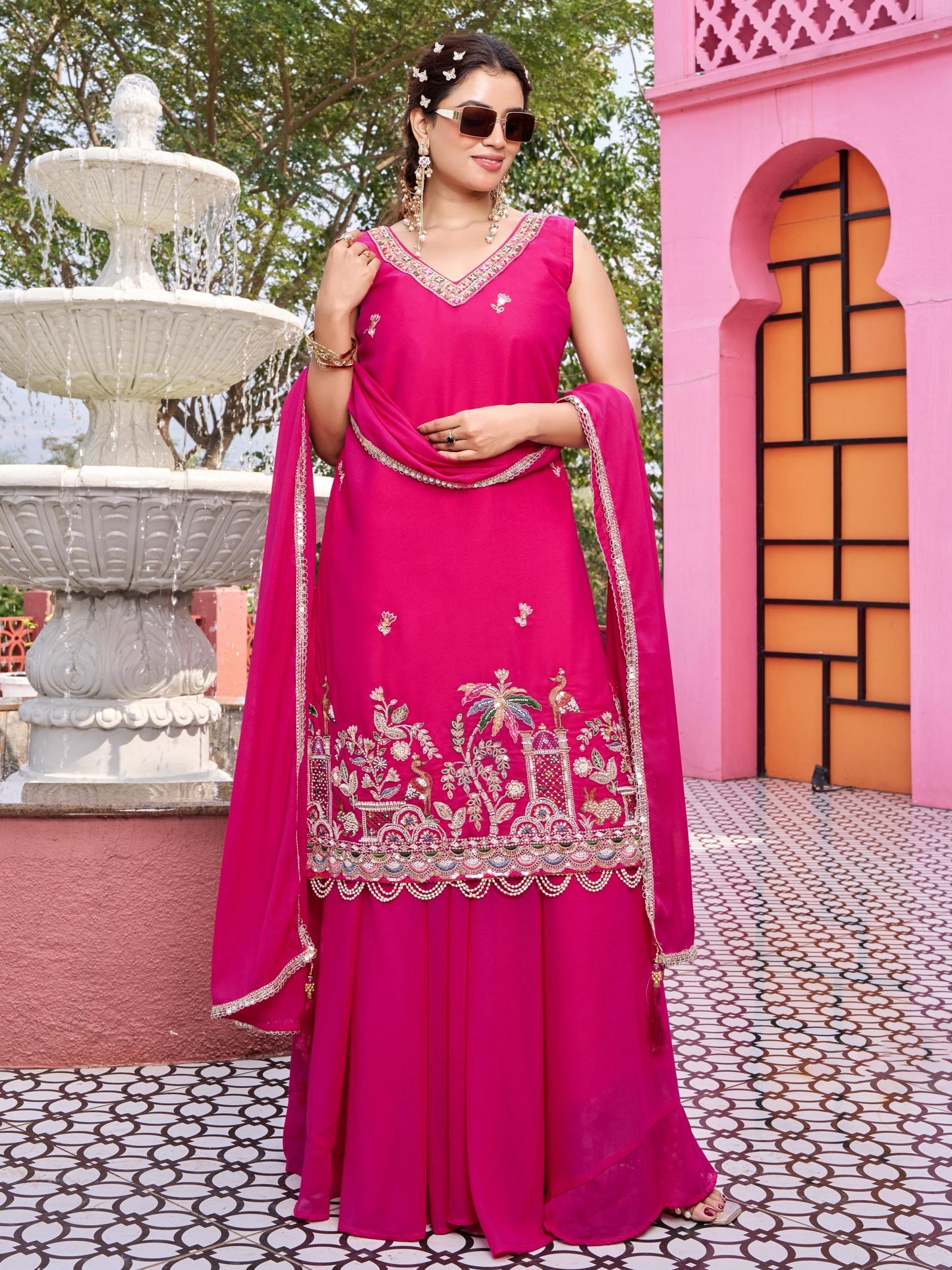 Pretty Pink Thread Work Georgette Designer Palazzo Suit