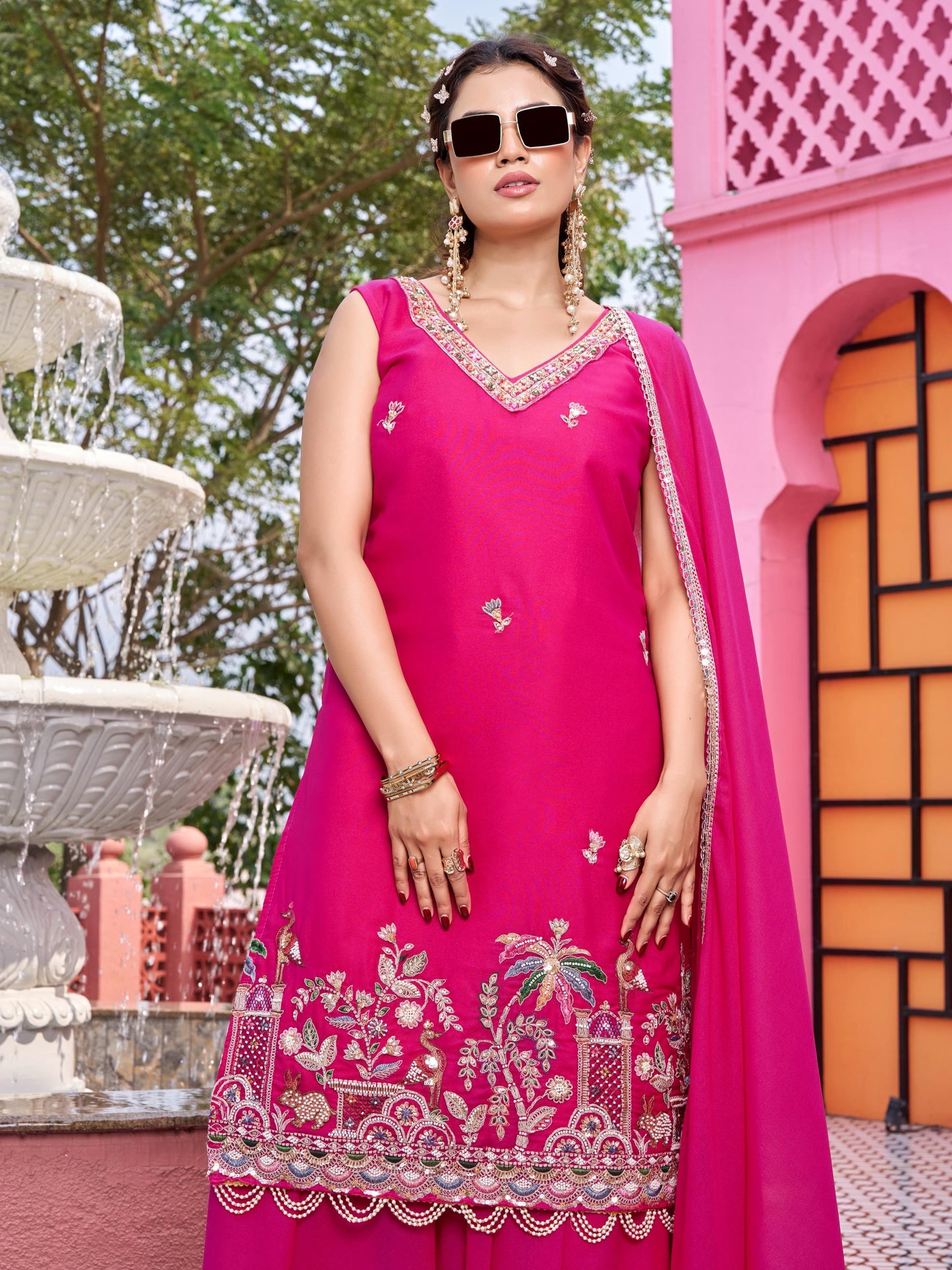 Pretty Pink Thread Work Georgette Designer Palazzo Suit
