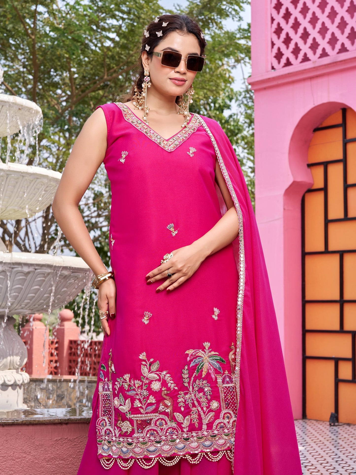 Pretty Pink Thread Work Georgette Designer Palazzo Suit