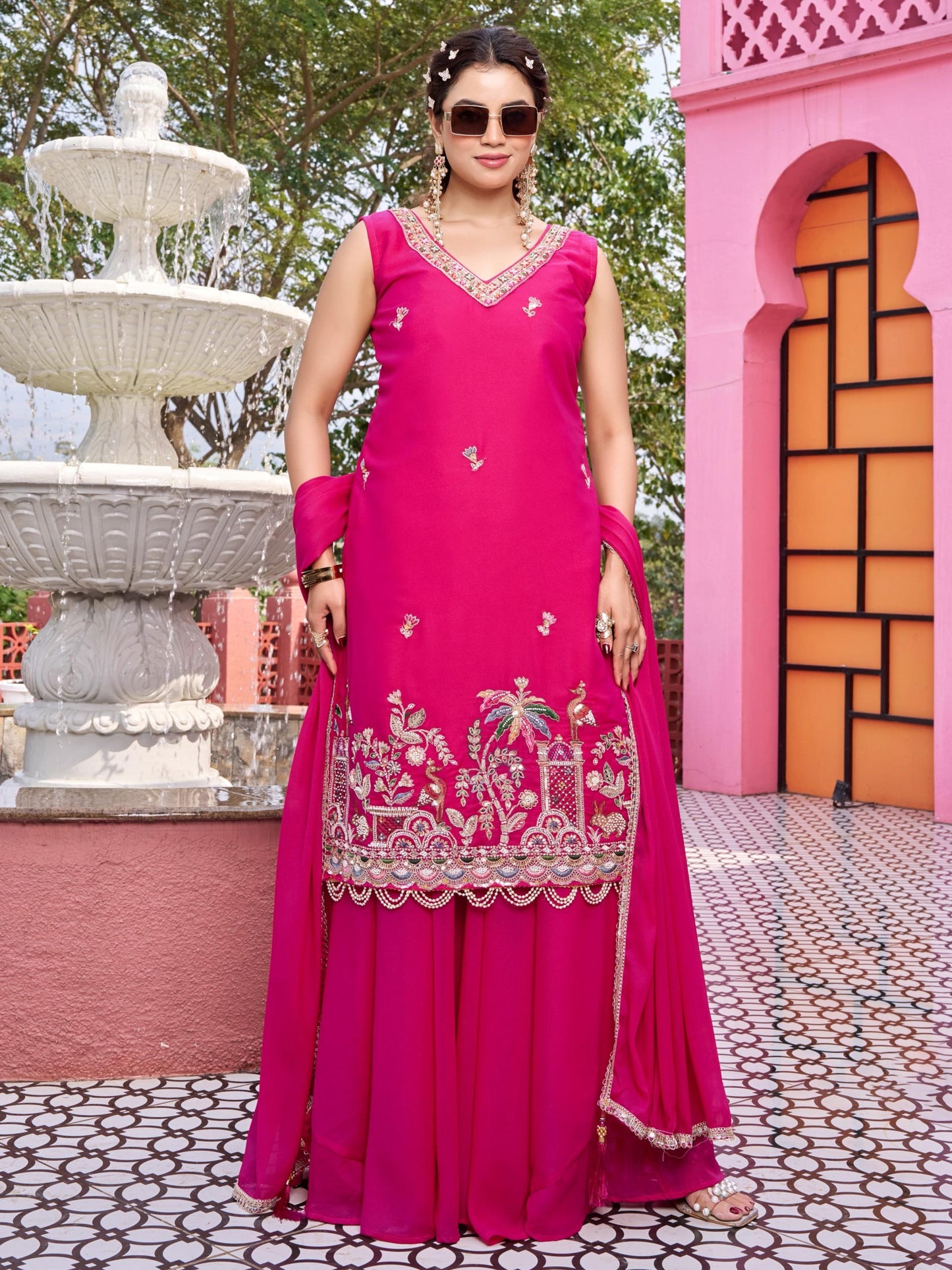Pretty Pink Thread Work Georgette Designer Palazzo Suit
