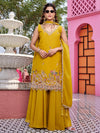 Alluring Yellow Thread Work Georgette Haldi Wear Palazzo Suit