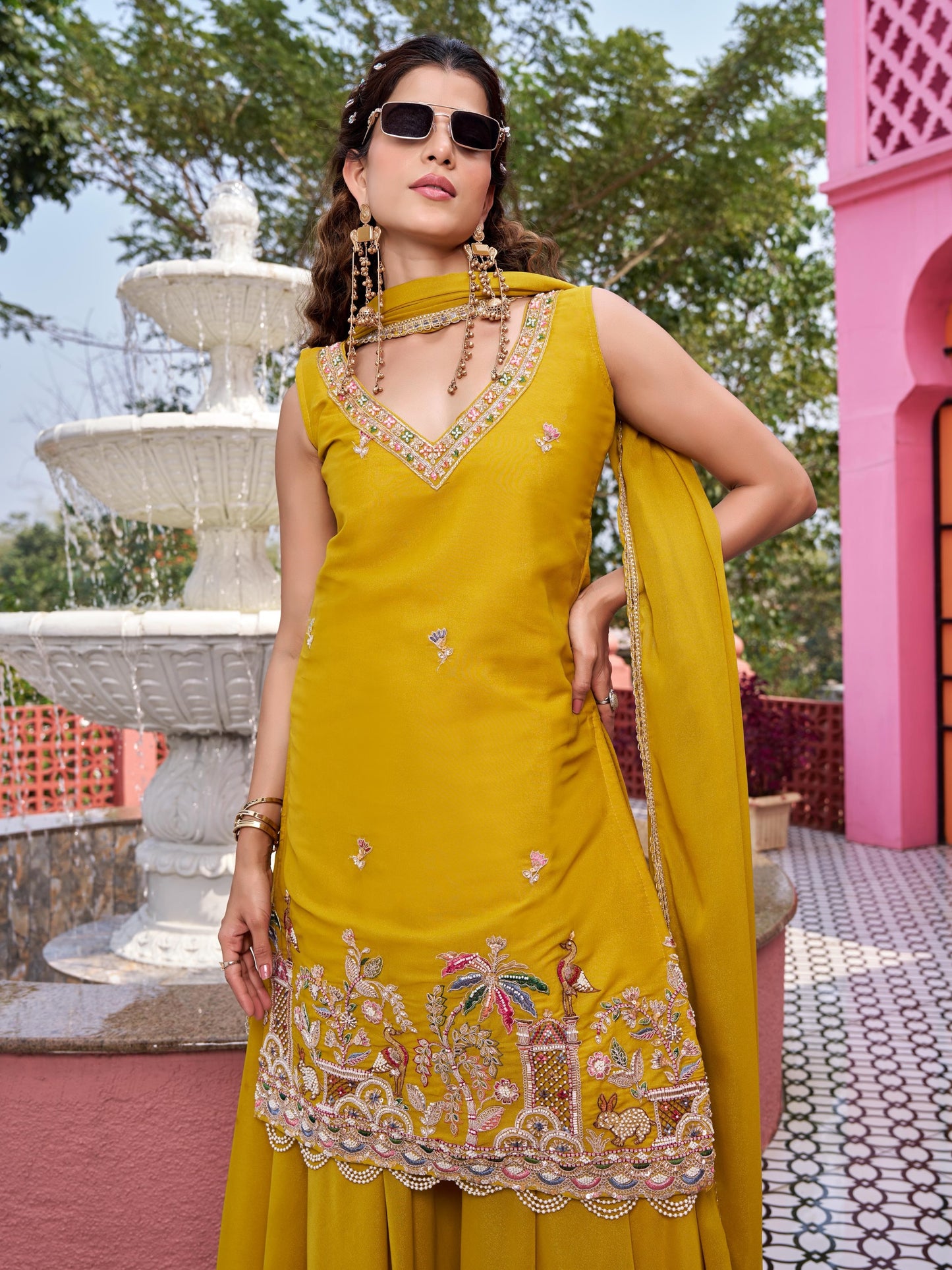 Alluring Yellow Thread Work Georgette Haldi Wear Palazzo Suit