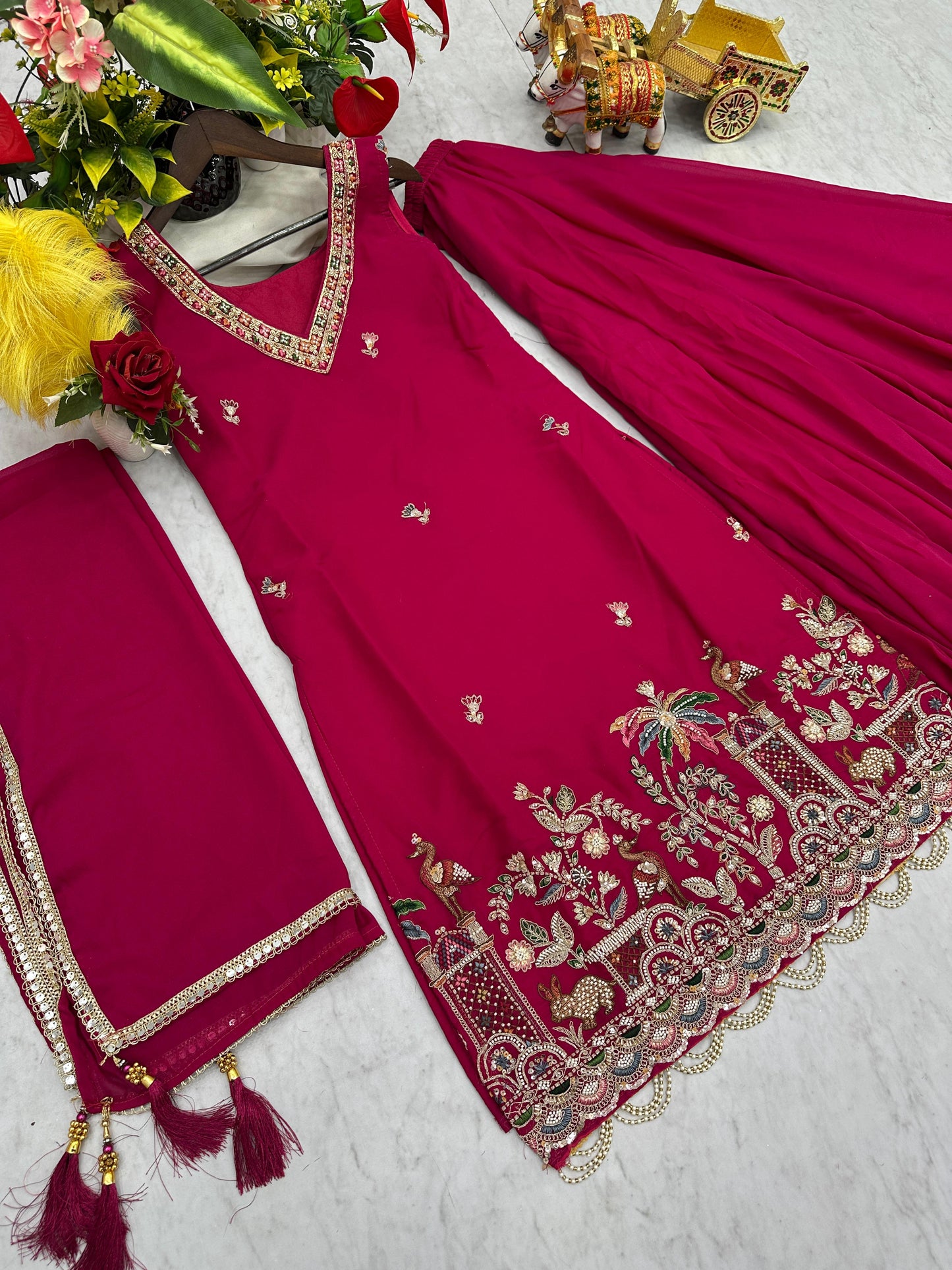 Pretty Pink Thread Work Georgette Designer Palazzo Suit