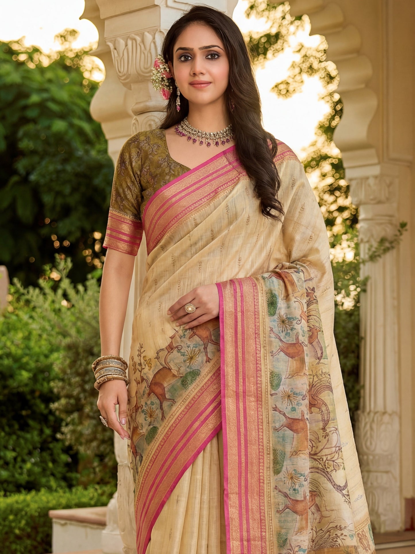 Stunning Beige Digital Printed Tissue Silk Festival Wear Saree