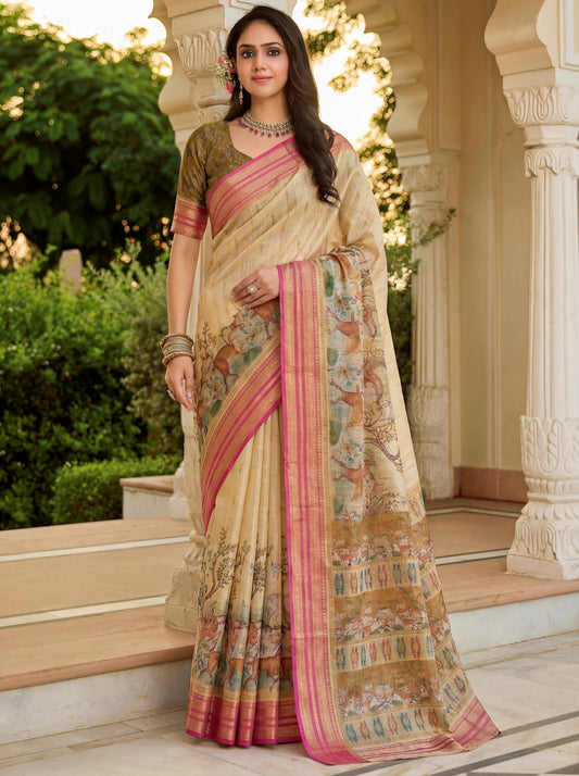 Stunning Beige Digital Printed Tissue Silk Festival Wear Saree