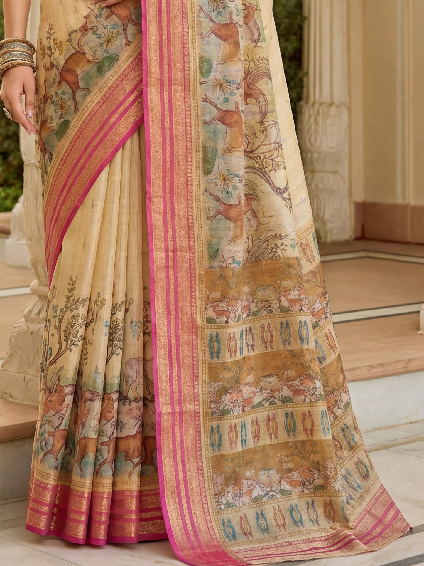 Stunning Beige Digital Printed Tissue Silk Festival Wear Saree