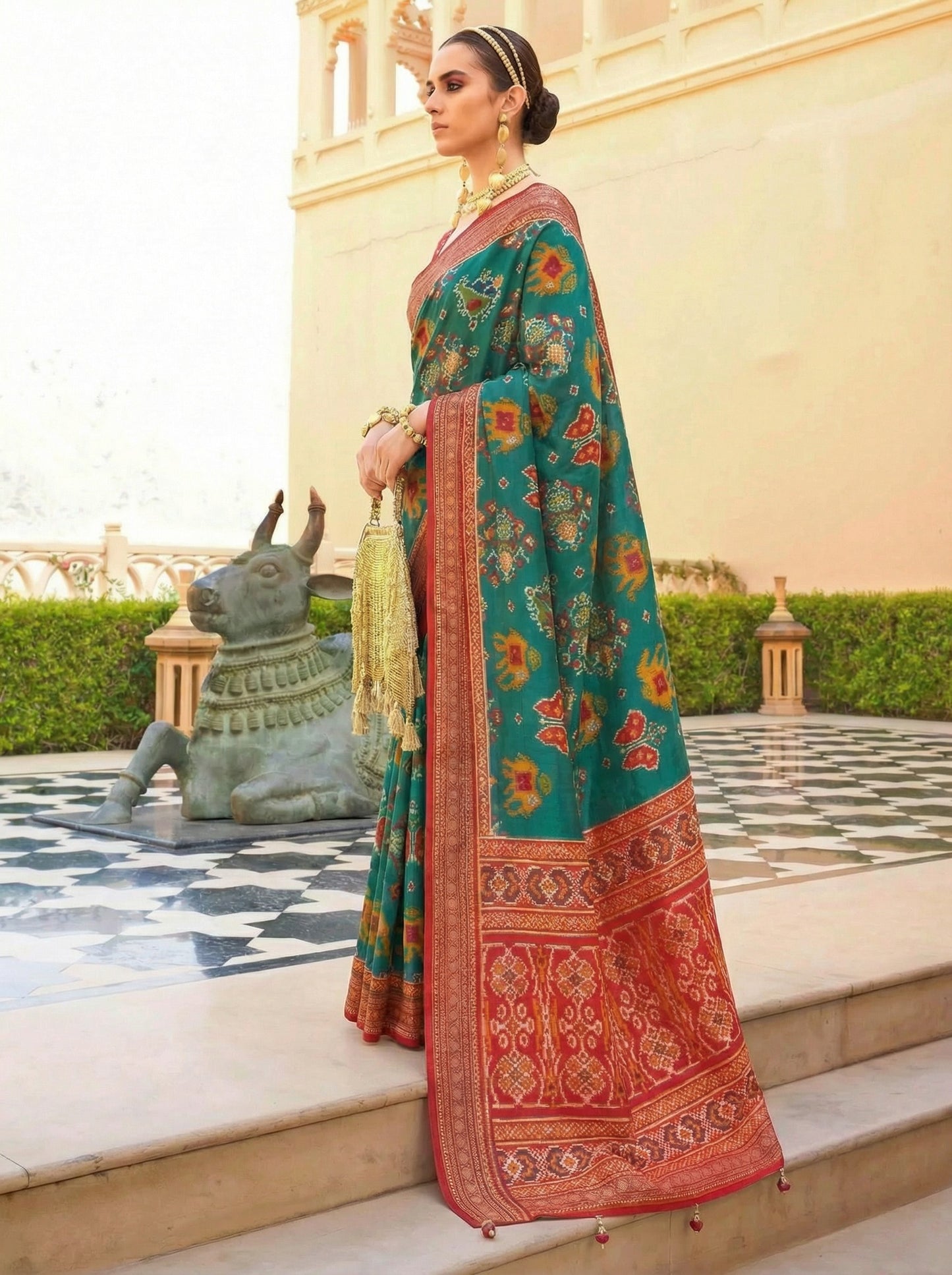 Glamorous Teal Blue Digital Printed Silk Traditional Saree