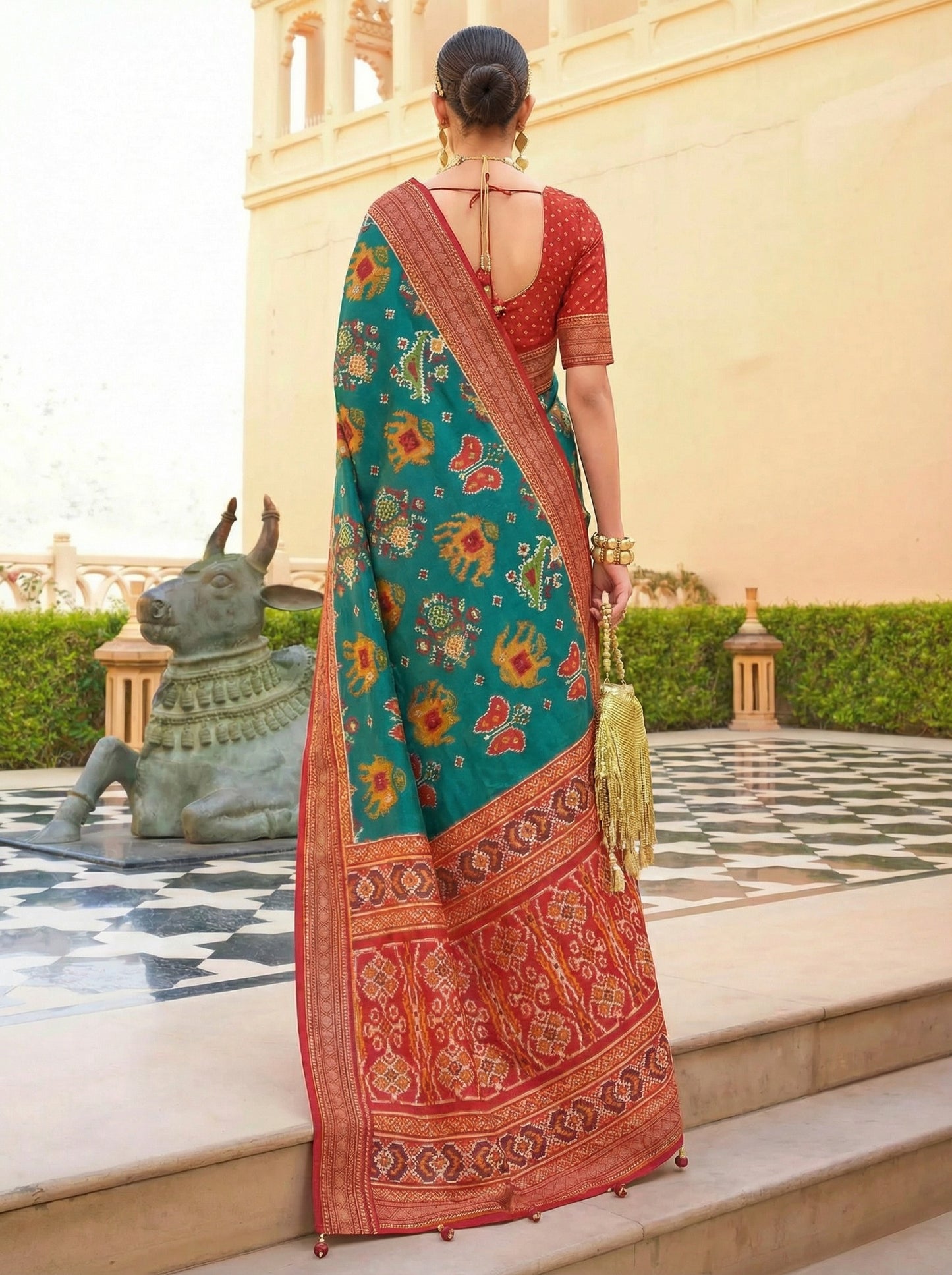 Glamorous Teal Blue Digital Printed Silk Traditional Saree