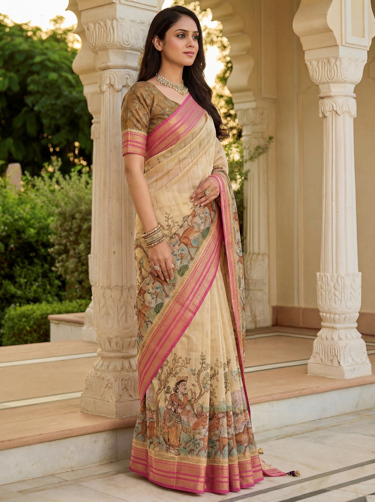 Stunning Beige Digital Printed Tissue Silk Festival Wear Saree
