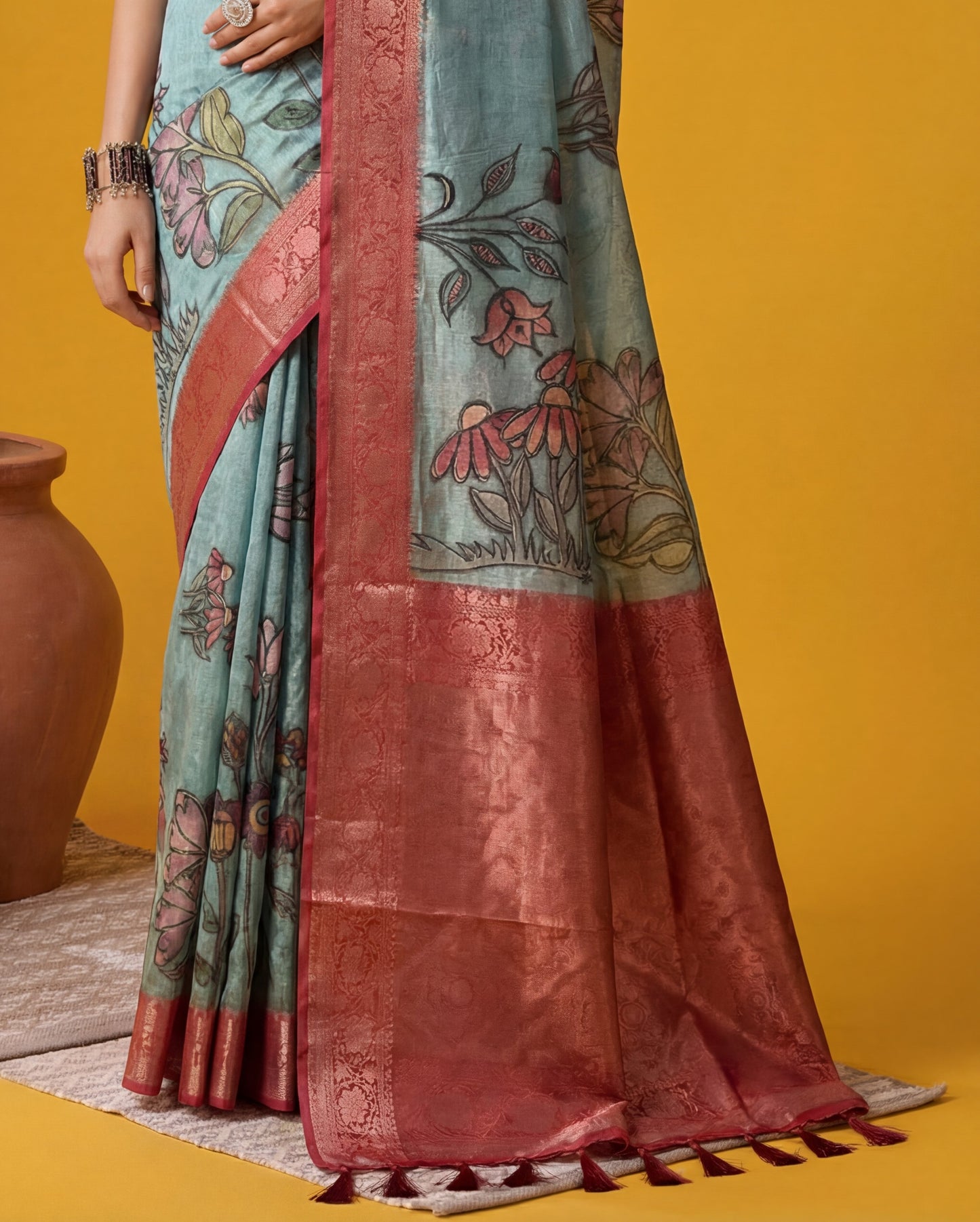 Magnificent Blue & Red Zari Weaving Tissue Silk Saree