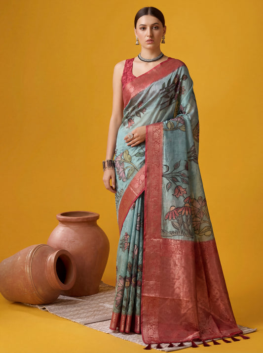 Magnificent Blue & Red Zari Weaving Tissue Silk Saree