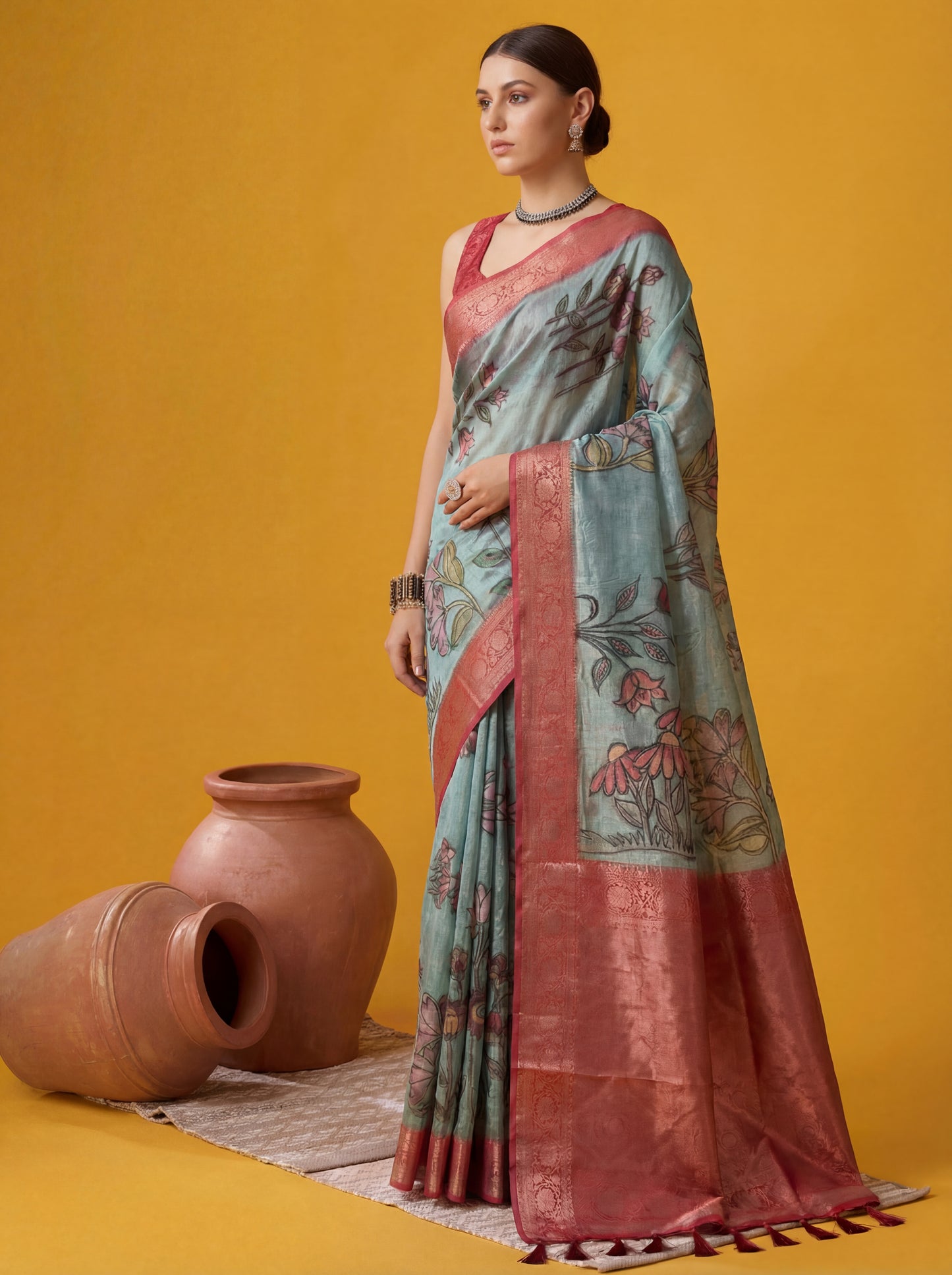 Magnificent Blue & Red Zari Weaving Tissue Silk Saree