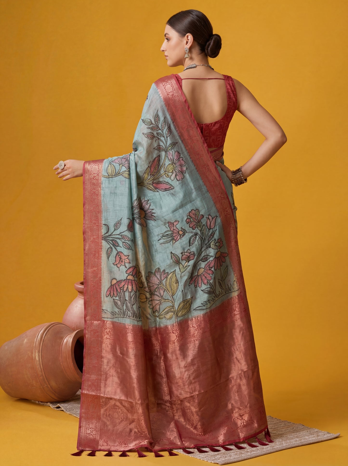 Magnificent Blue & Red Zari Weaving Tissue Silk Saree