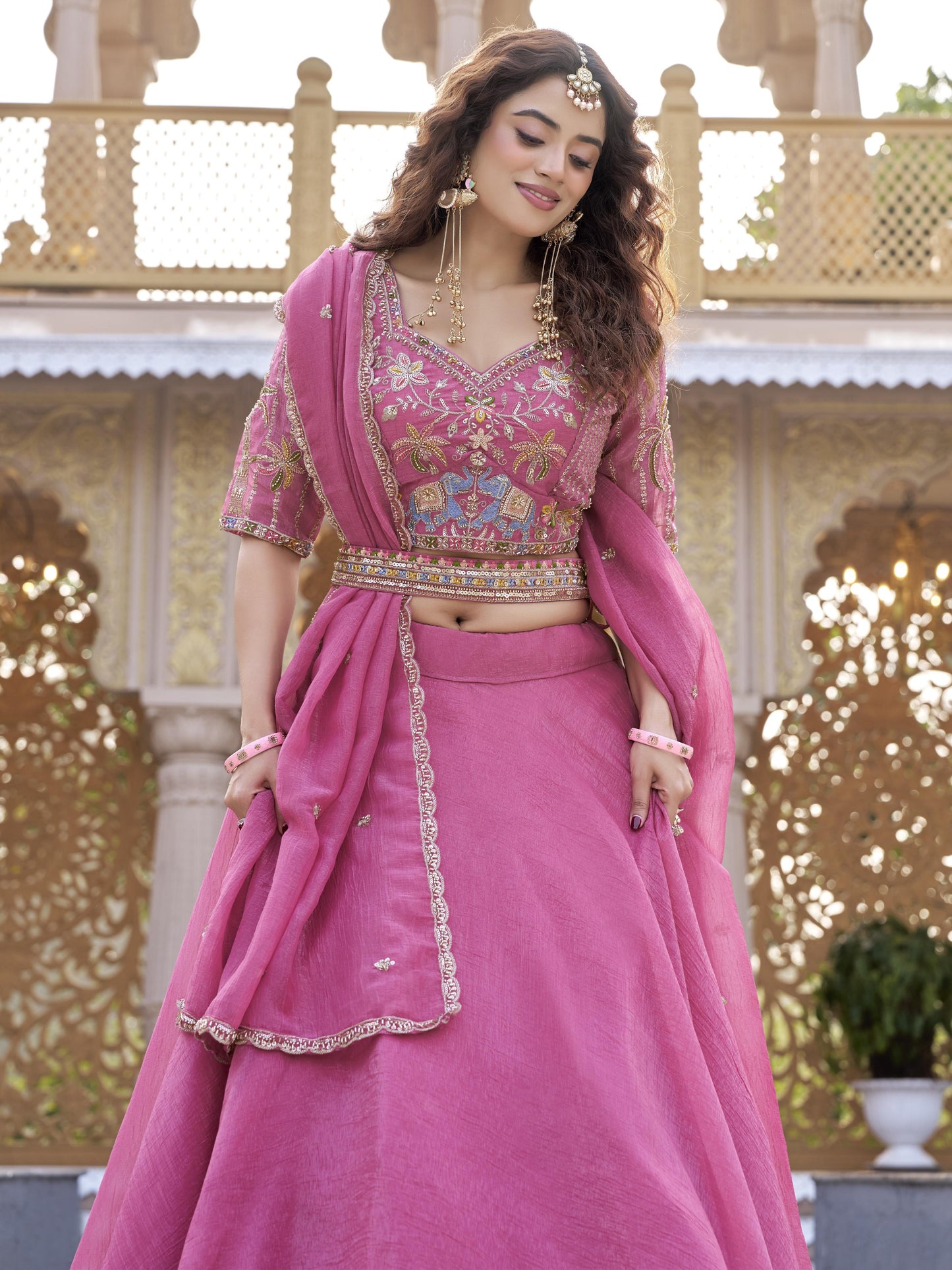 Fantastic Pink Embroidered Crunchy Designer Lehenga Choli
