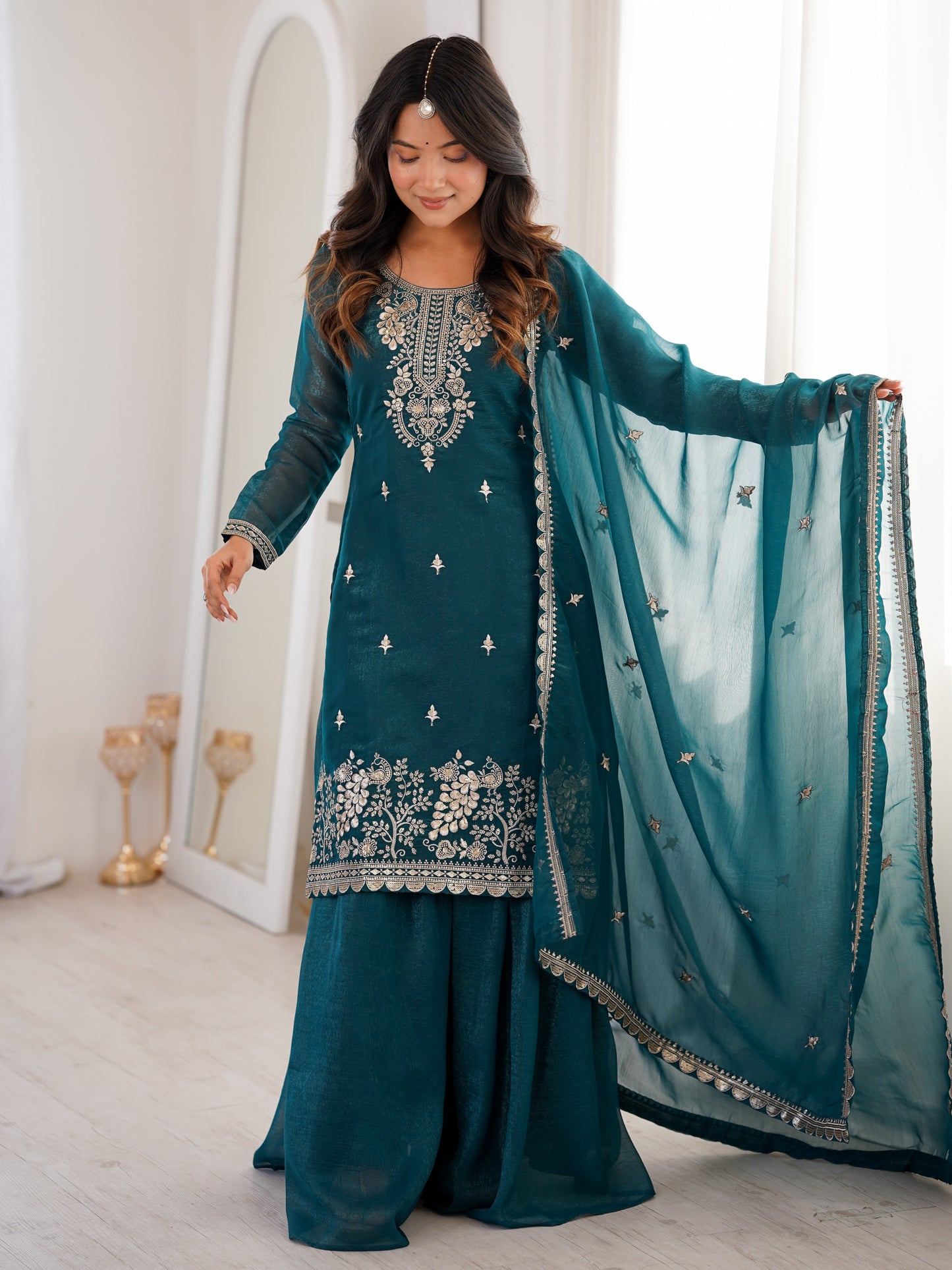Wonderful Teal Blue Zari Work Crunchy Silk Wedding Palazzo Suit