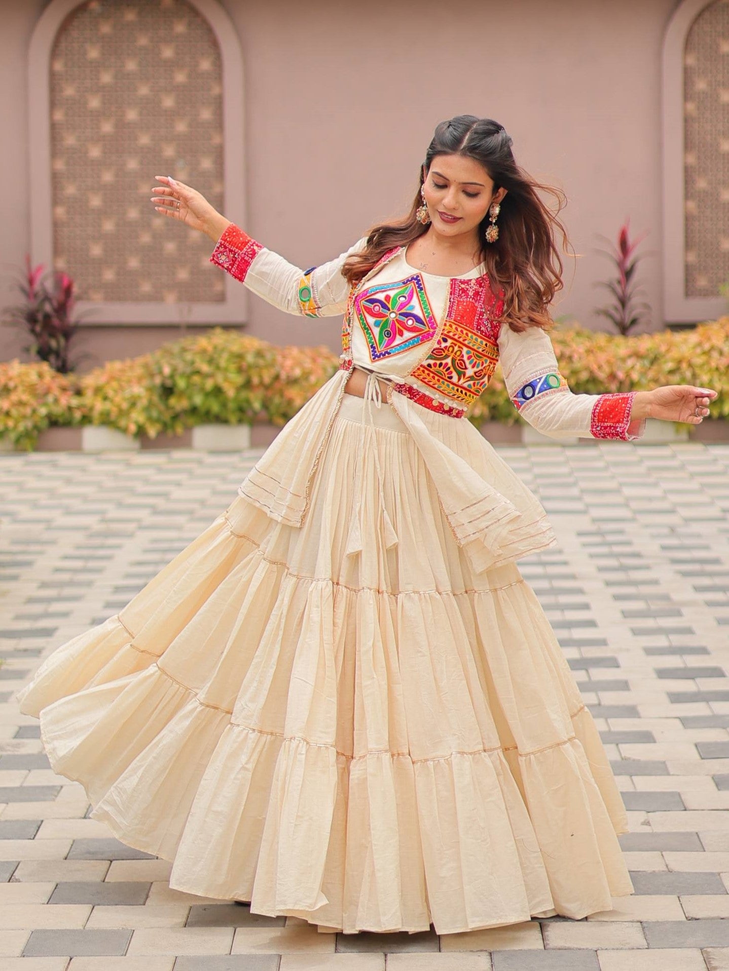 Pretty Off-white Cotton Navratri Lehenga Choli With Jacket