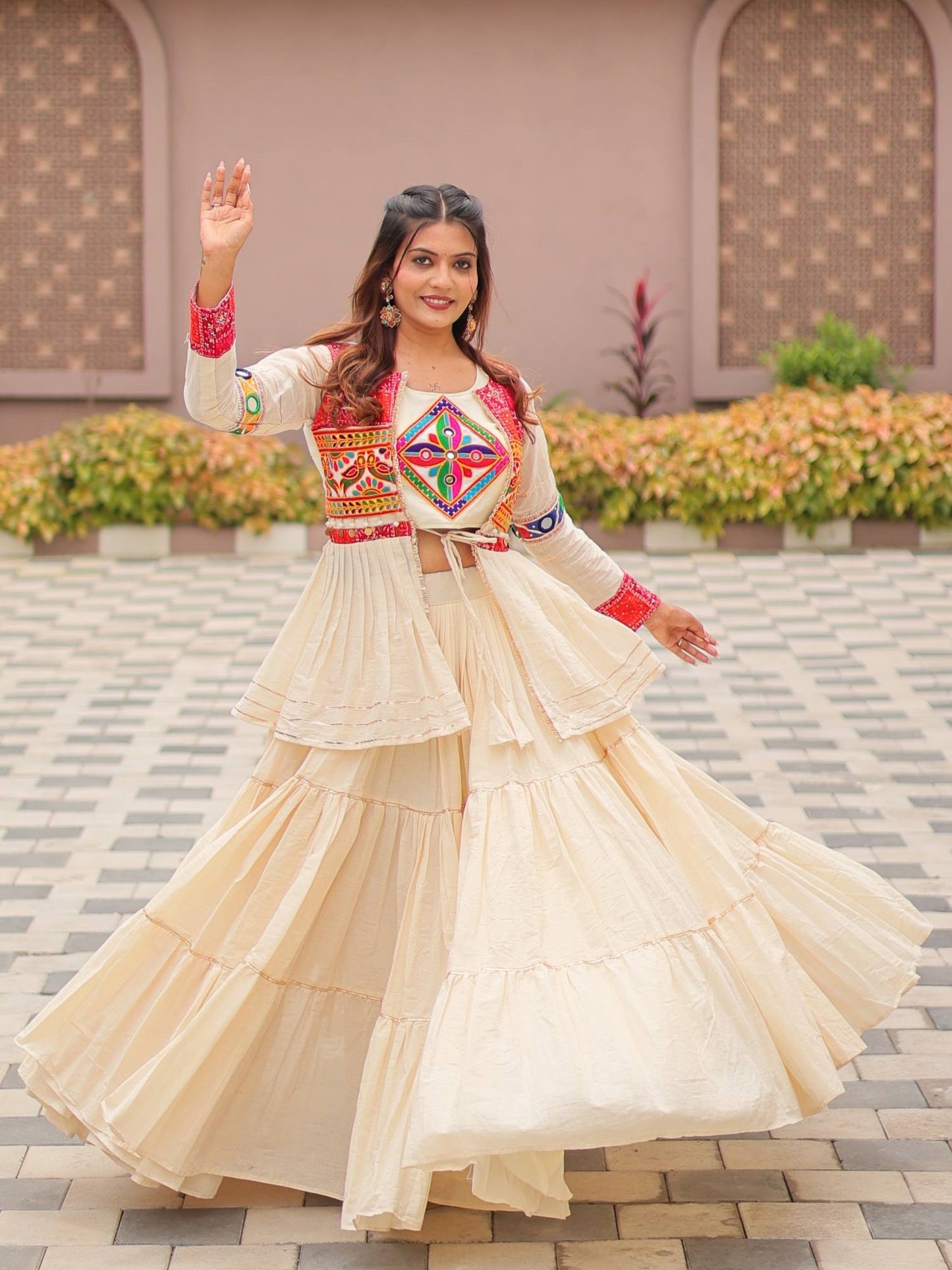 Pretty Off-white Cotton Navratri Lehenga Choli With Jacket