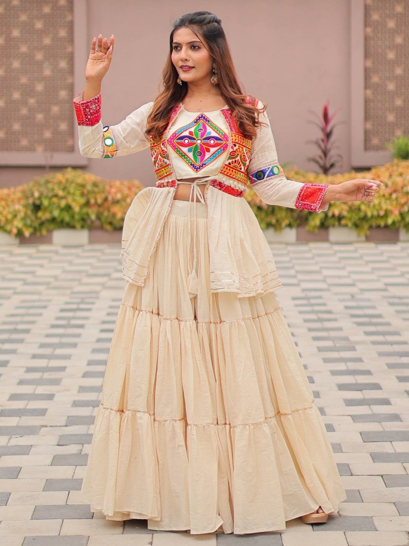 Pretty Off-white Cotton Navratri Lehenga Choli With Jacket