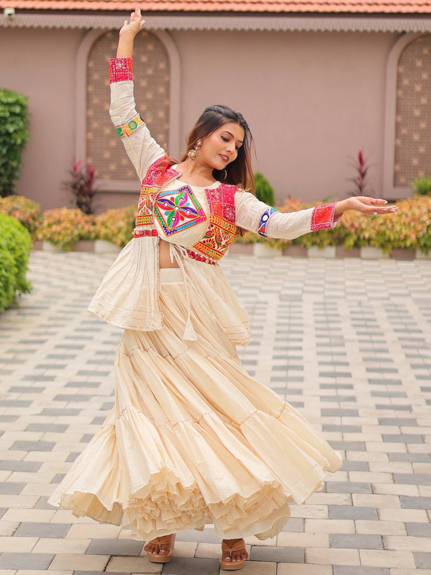 Pretty Off-white Cotton Navratri Lehenga Choli With Jacket