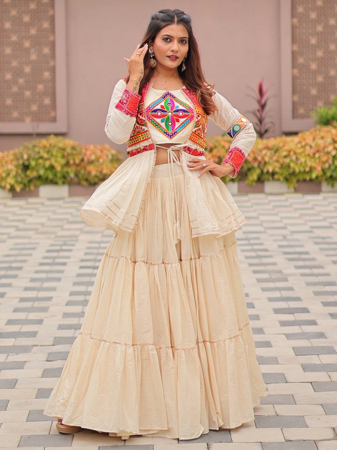 Pretty Off-white Cotton Navratri Lehenga Choli With Jacket