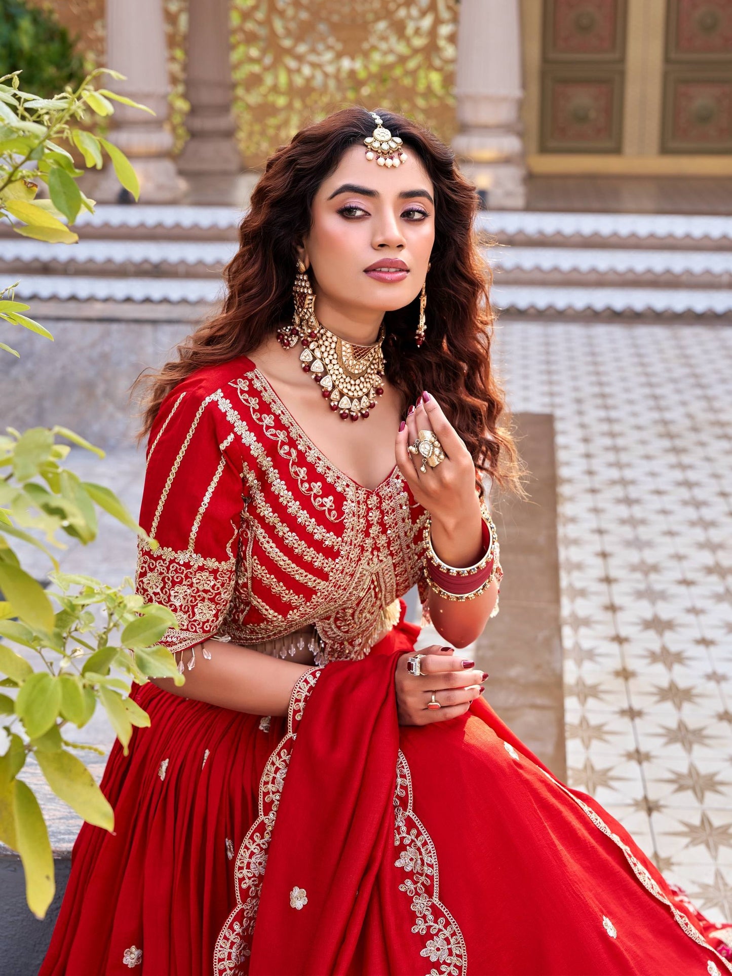 Elegant Red Embroidered Silk Wedding Lehenga Choli