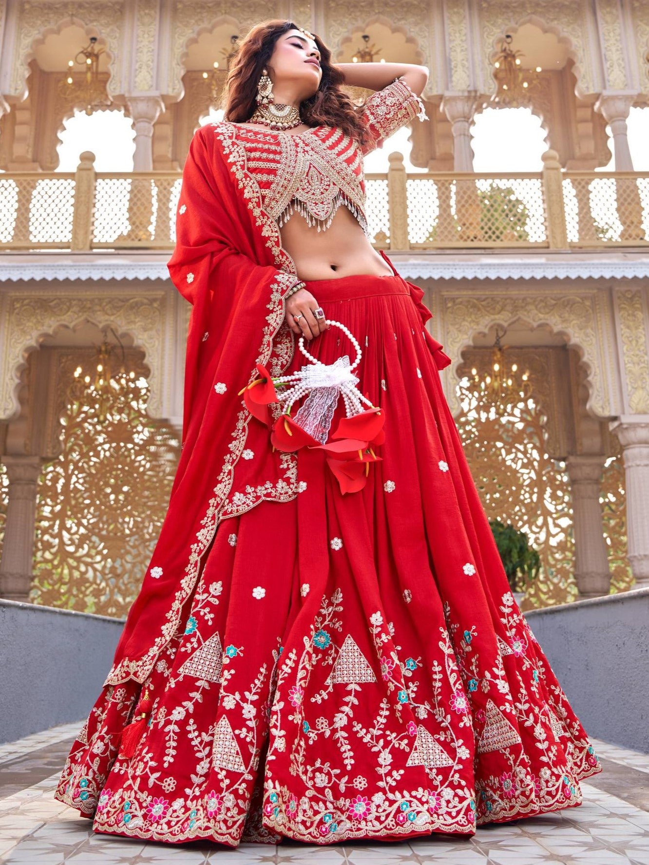 Elegant Red Embroidered Silk Wedding Lehenga Choli