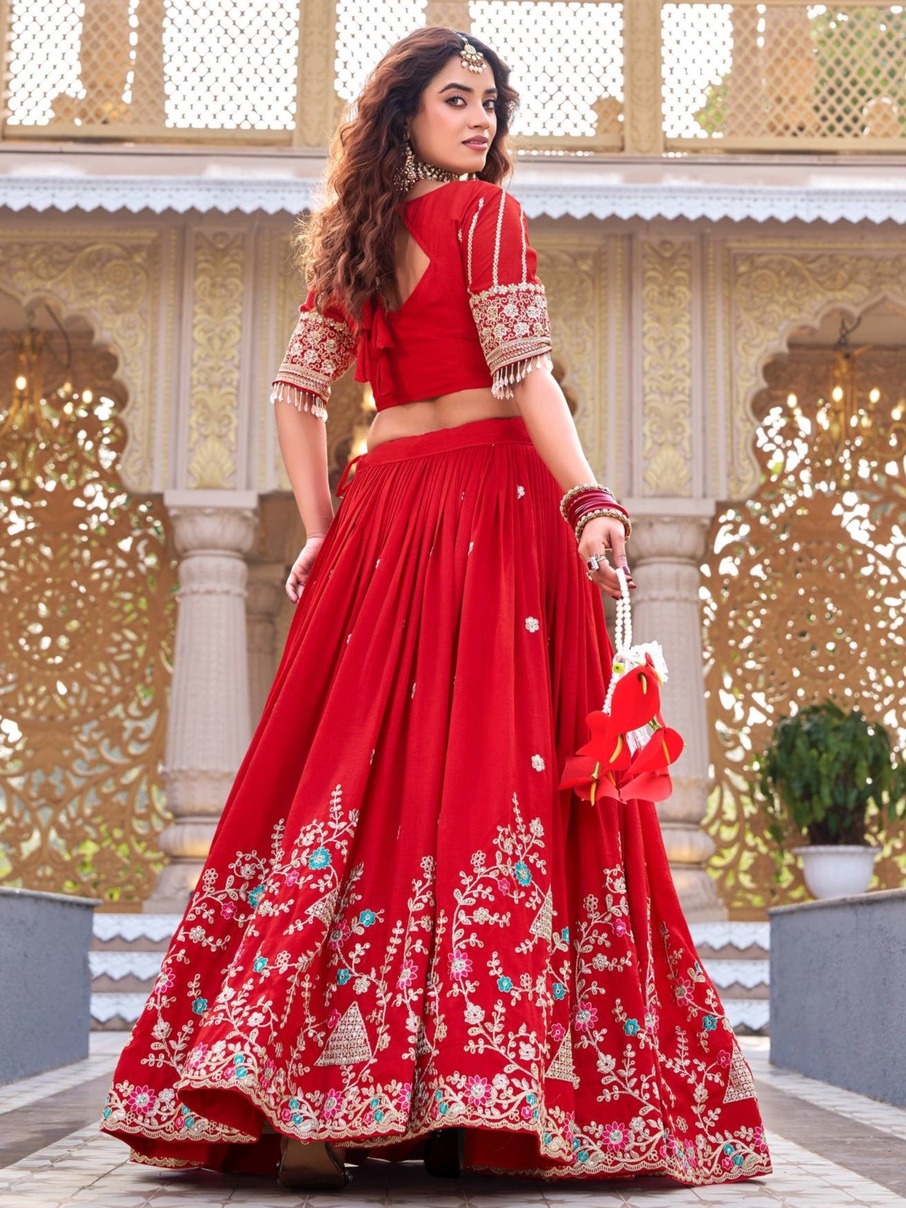 Elegant Red Embroidered Silk Wedding Lehenga Choli
