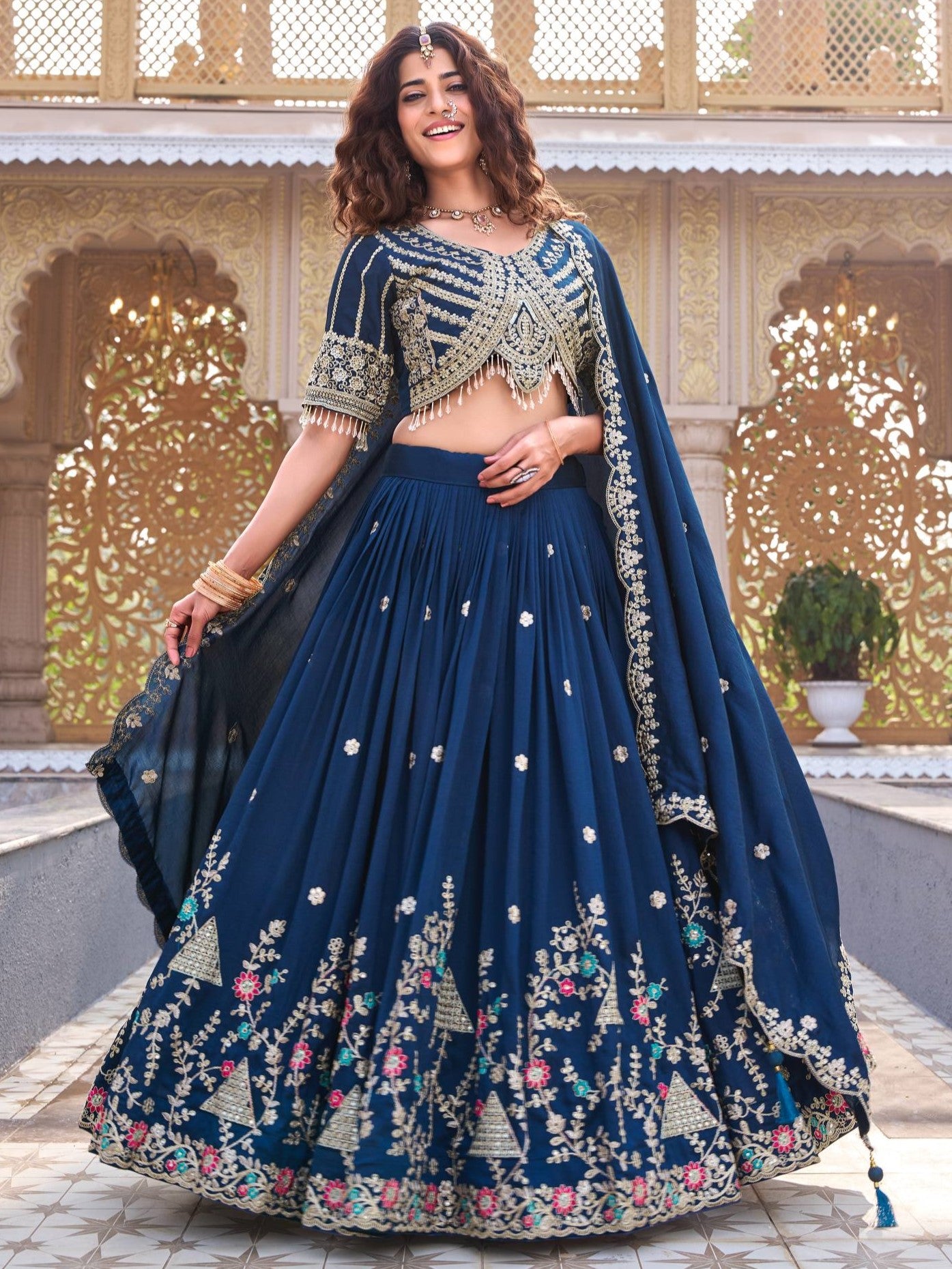 Attractive Blue Embroidered Silk Designer Lehenga Choli