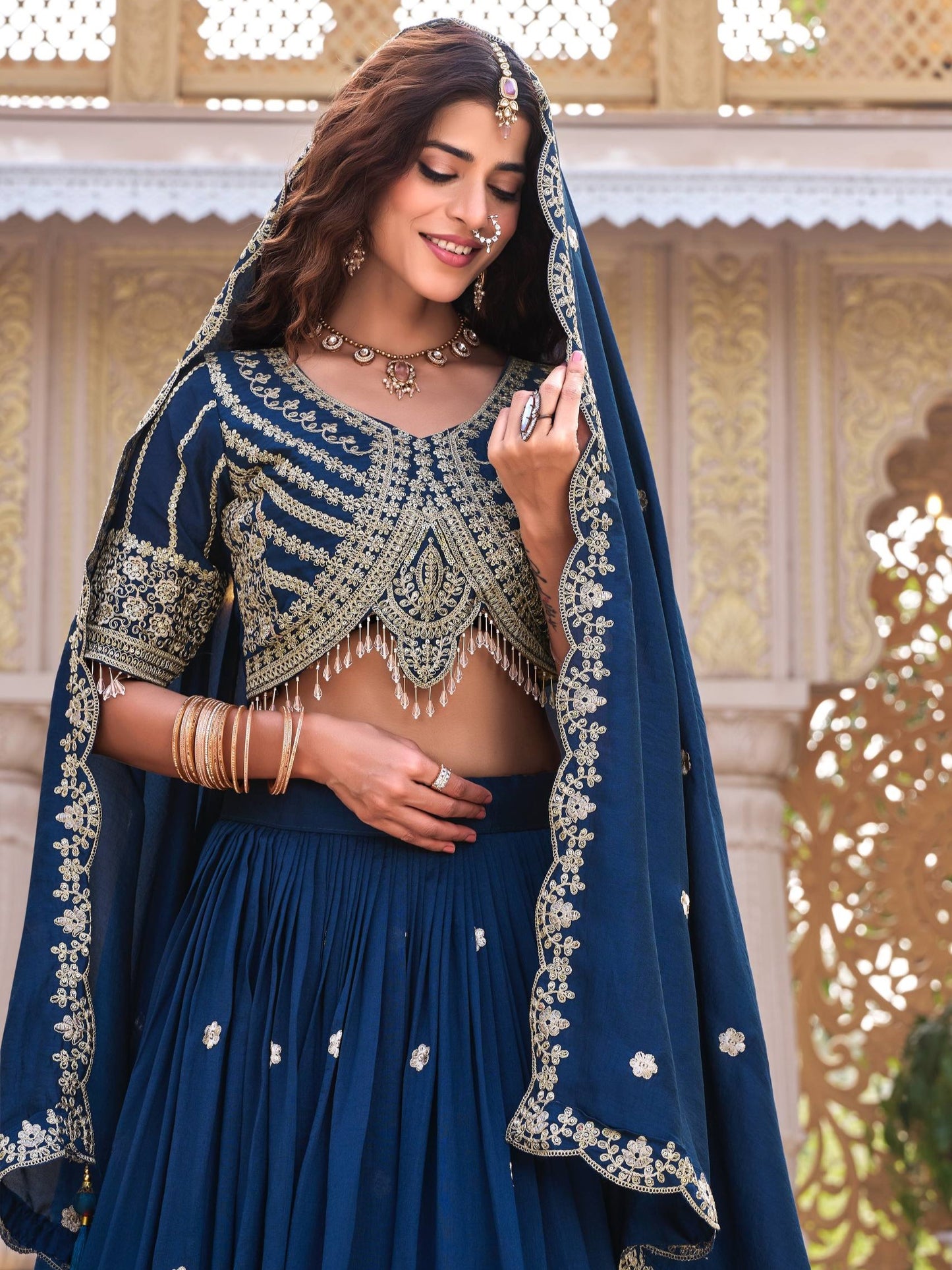 Attractive Blue Embroidered Silk Designer Lehenga Choli