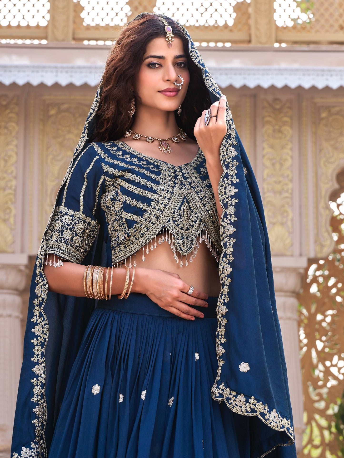 Attractive Blue Embroidered Silk Designer Lehenga Choli