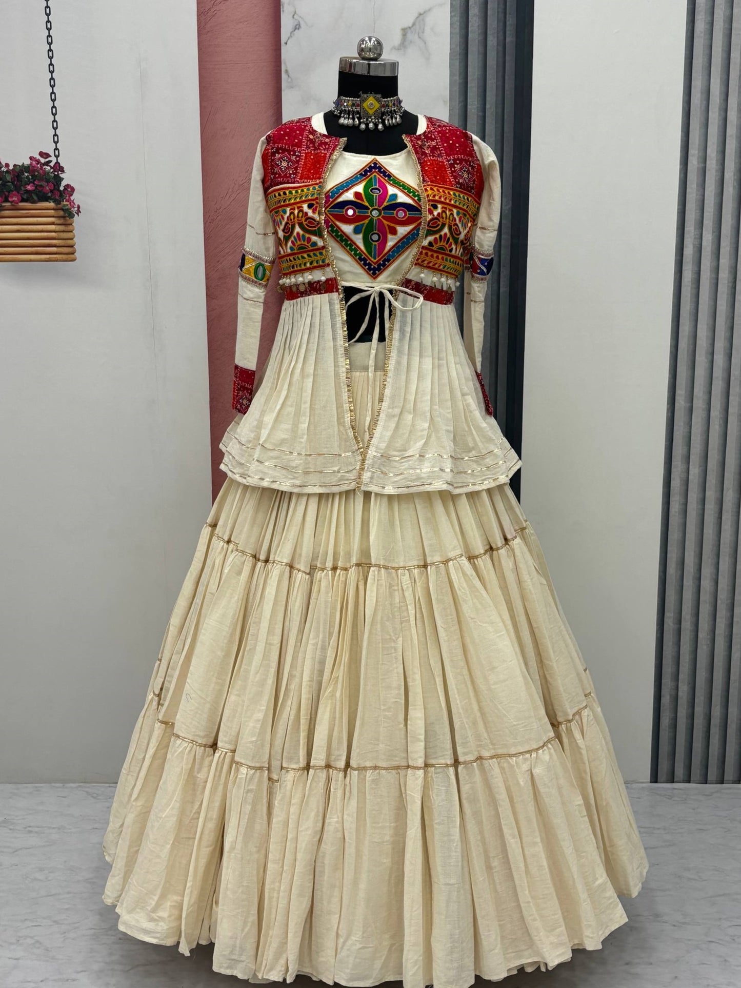 Pretty Off-white Cotton Navratri Lehenga Choli With Jacket