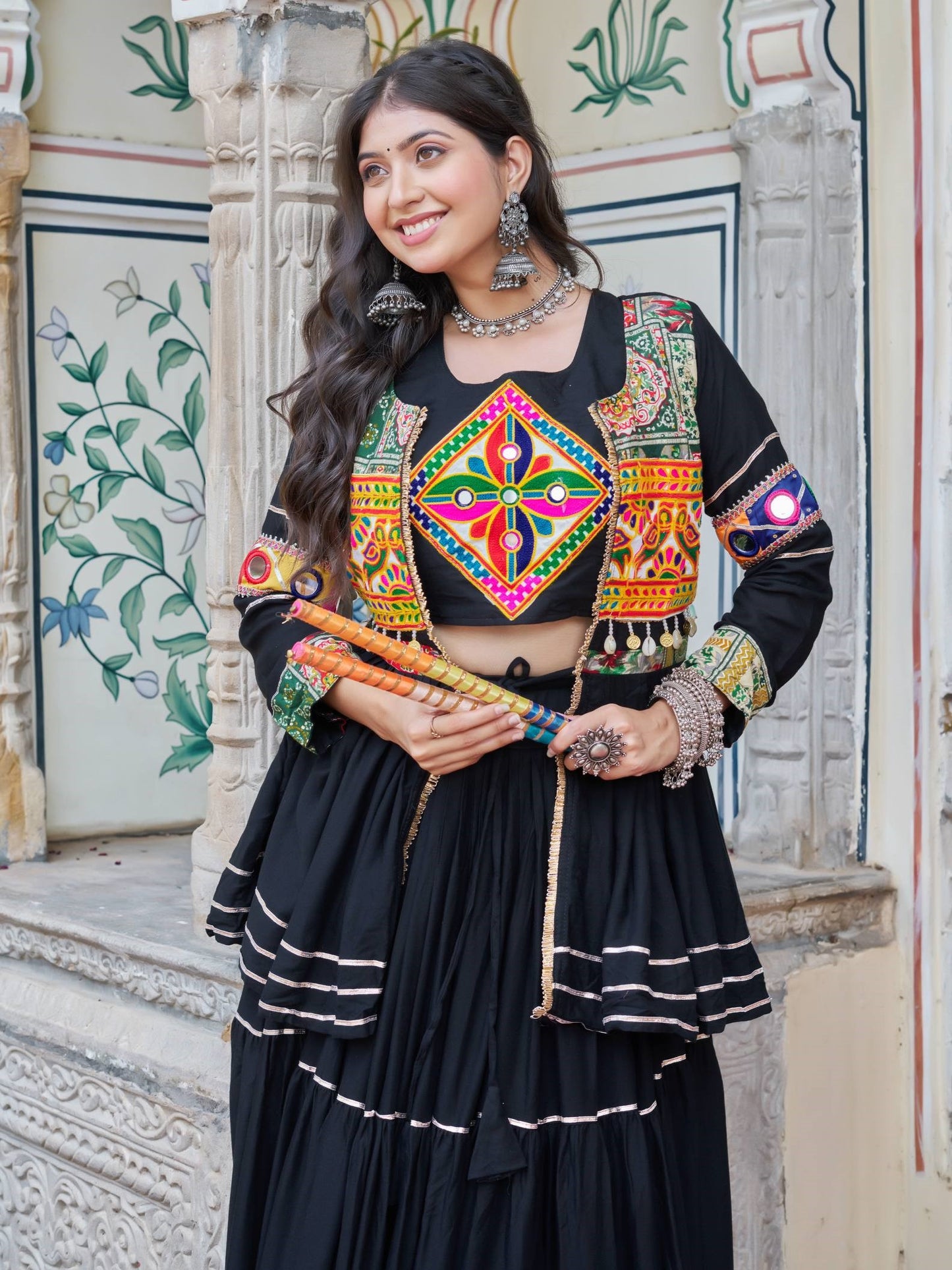 Alluring Black Cotton Designer Lehenga Choli With Jacket