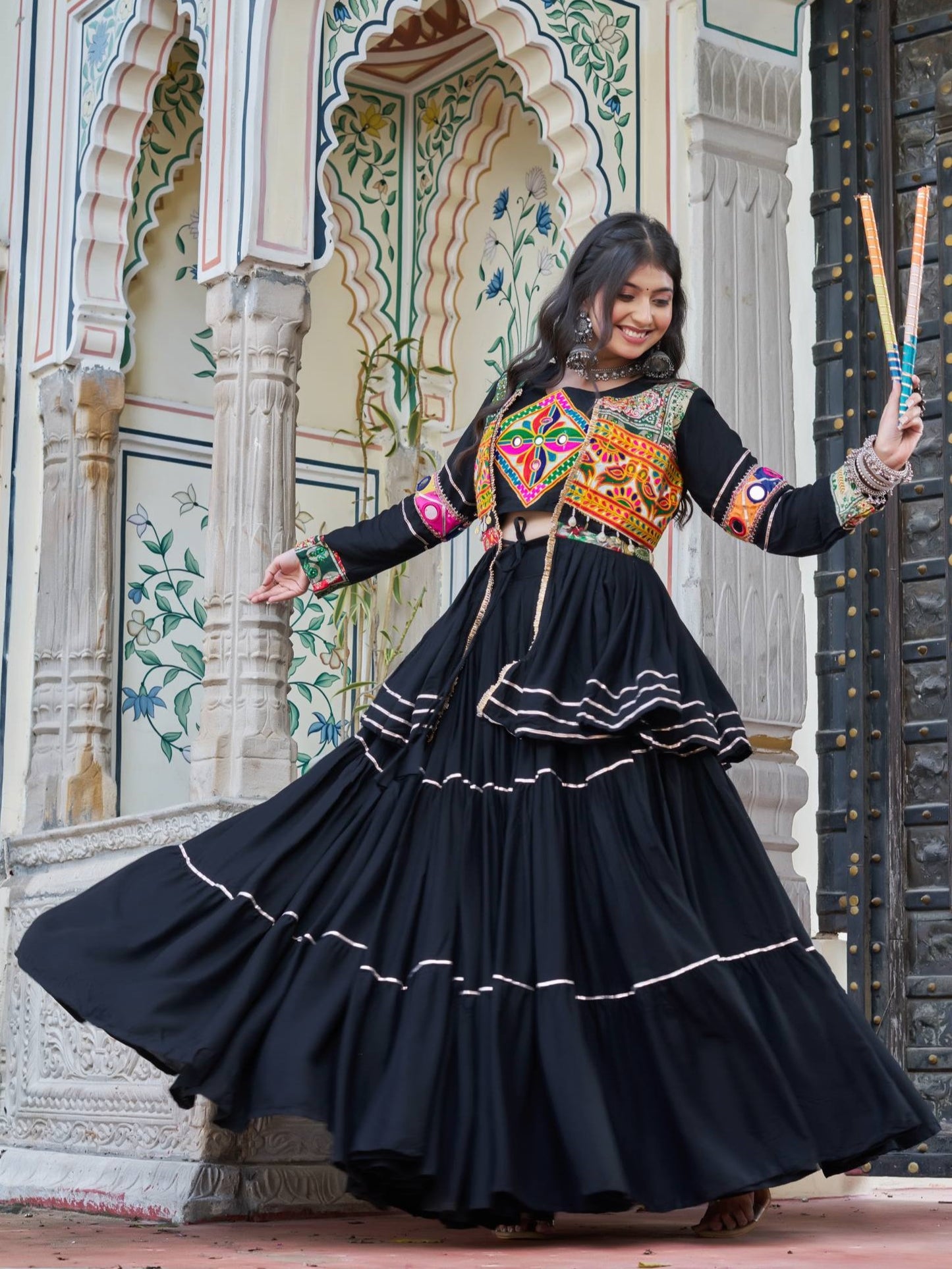Alluring Black Cotton Designer Lehenga Choli With Jacket