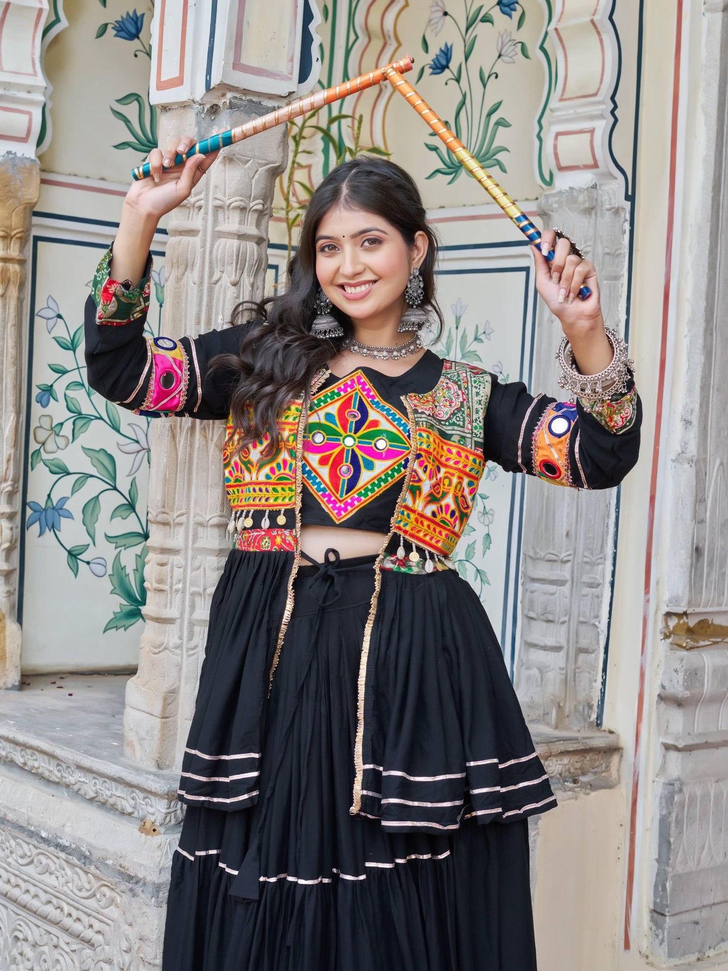 Alluring Black Cotton Designer Lehenga Choli With Jacket
