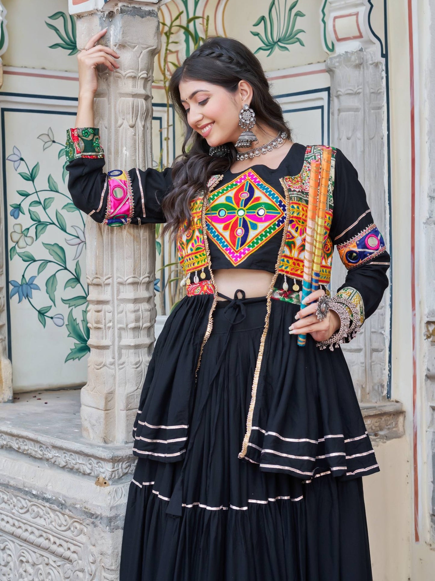 Alluring Black Cotton Designer Lehenga Choli With Jacket