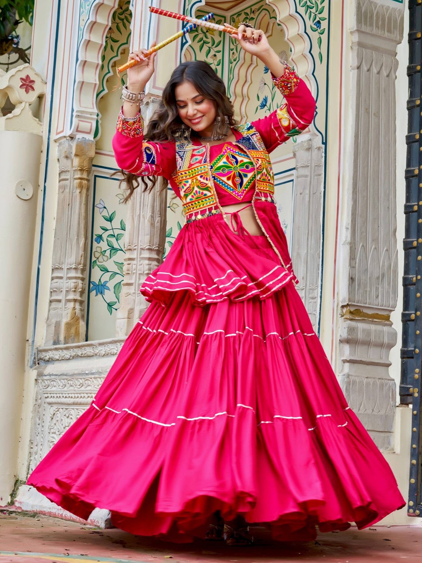Elegant Pink Cotton Festival Lehenga Choli With Jacket