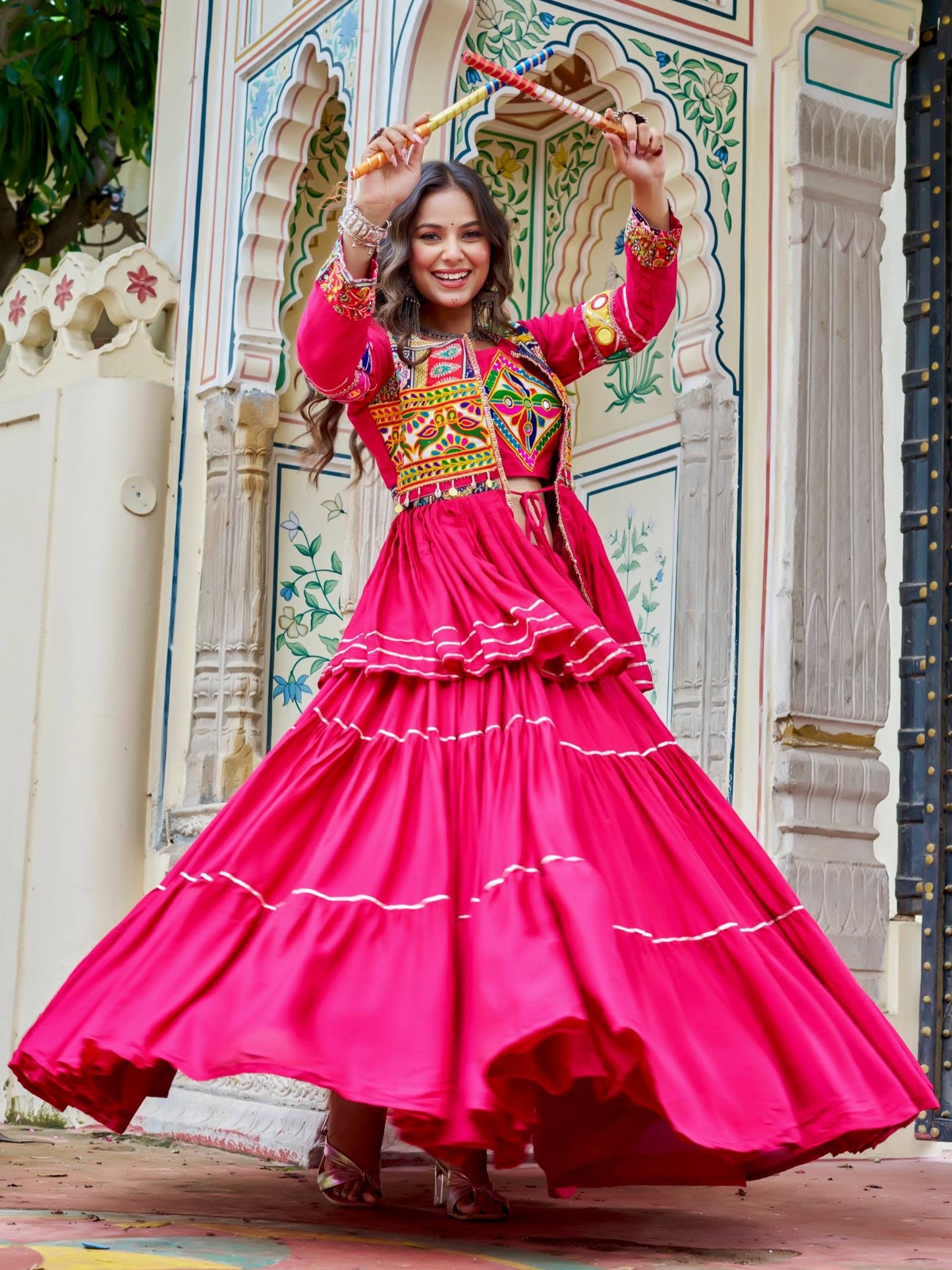 Elegant Pink Cotton Festival Lehenga Choli With Jacket