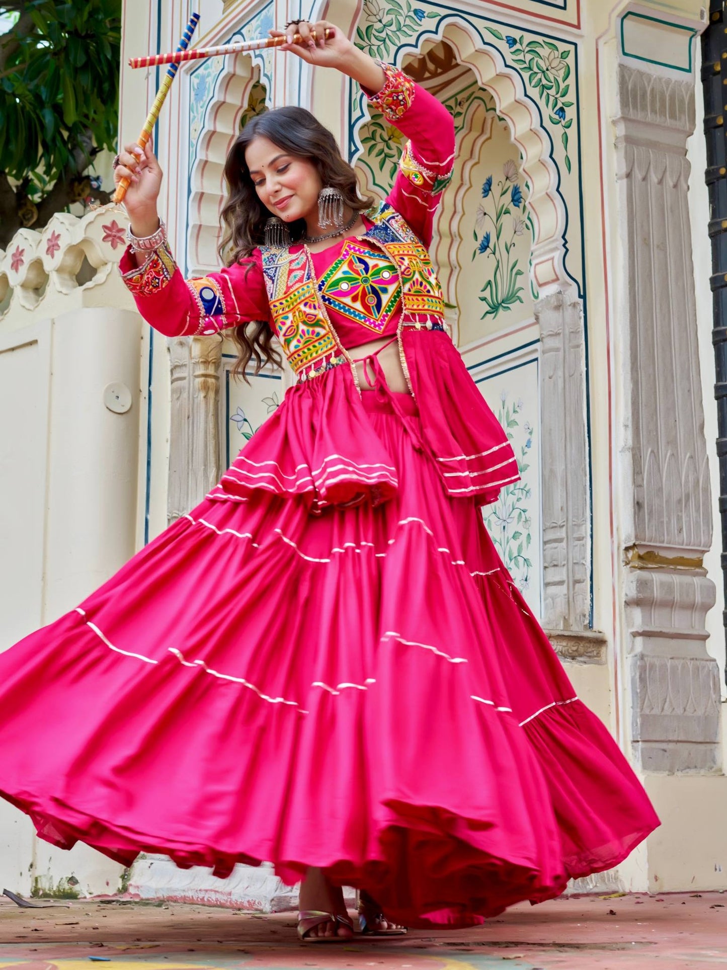 Elegant Pink Cotton Festival Lehenga Choli With Jacket