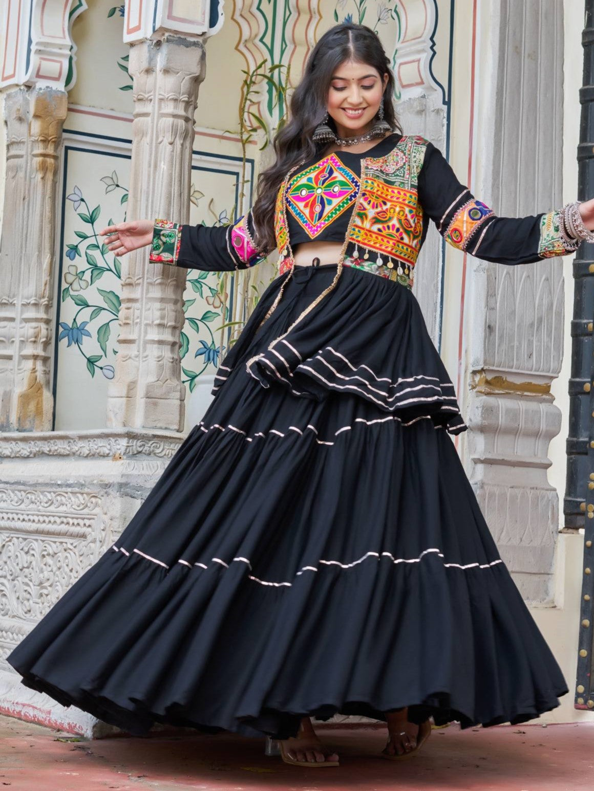 Alluring Black Cotton Designer Lehenga Choli With Jacket