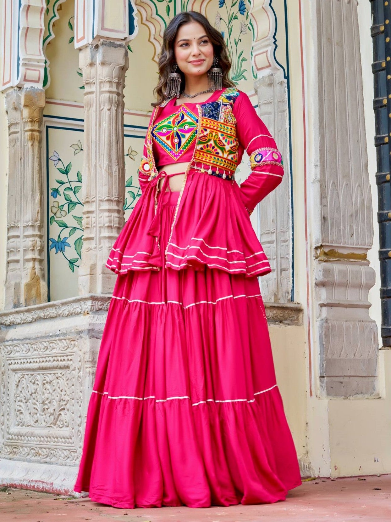 Elegant Pink Cotton Festival Lehenga Choli With Jacket