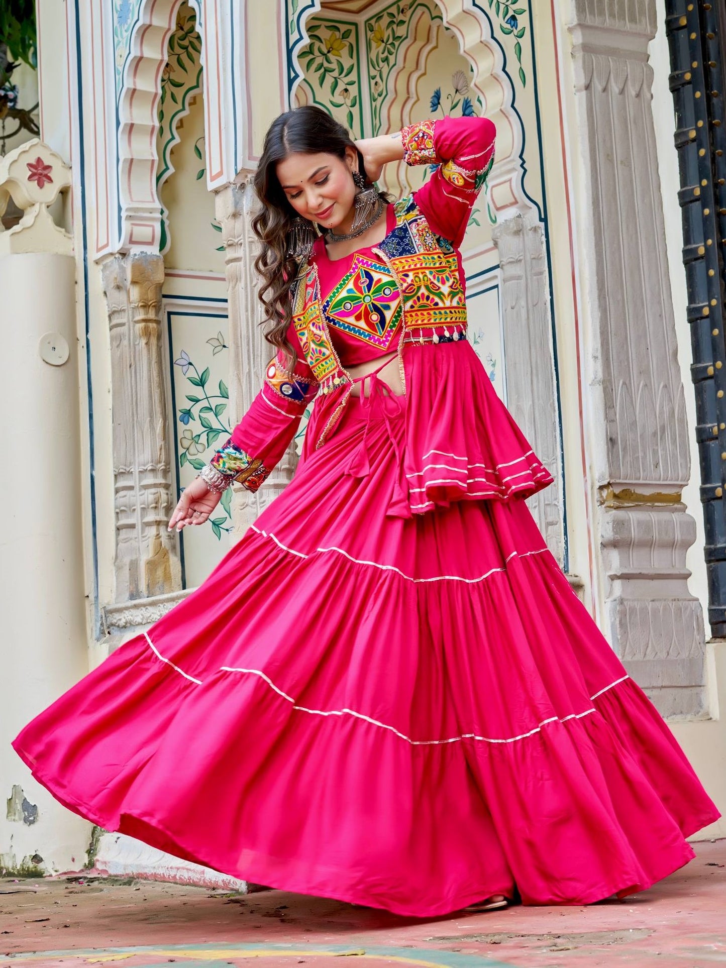 Elegant Pink Cotton Festival Lehenga Choli With Jacket