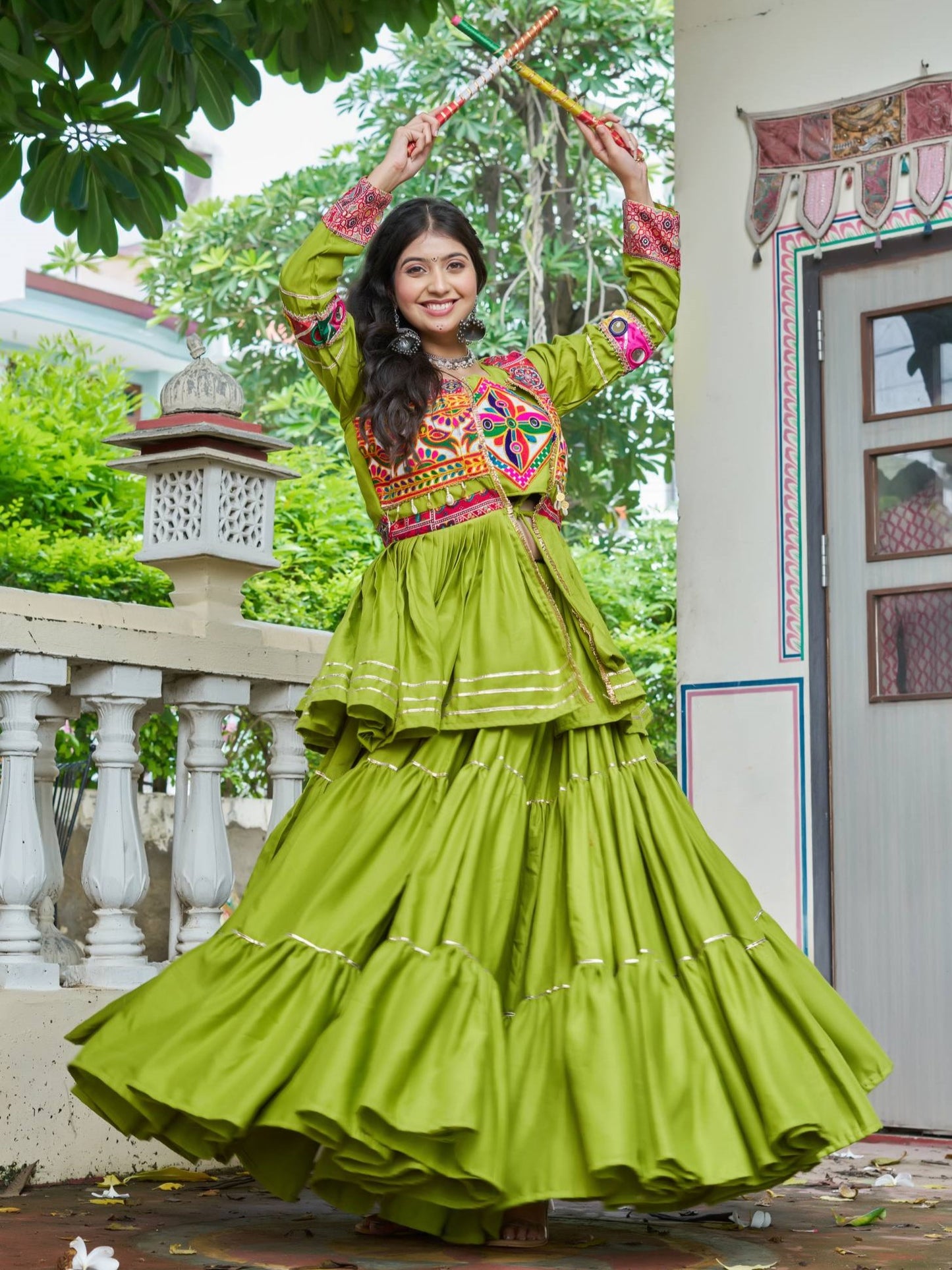 Awesome Green Cotton Festive Lehenga Choli With Jacket