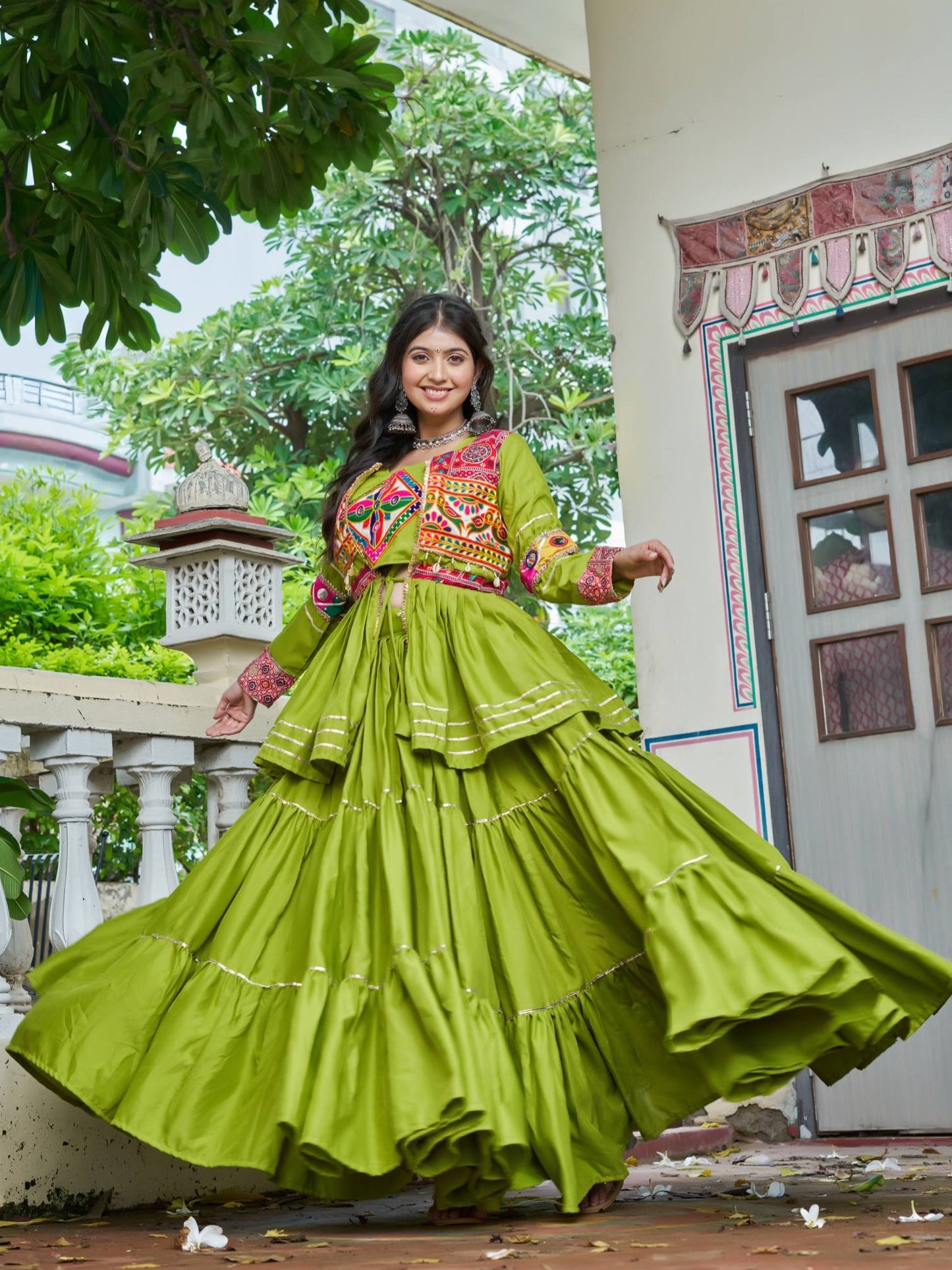 Awesome Green Cotton Festive Lehenga Choli With Jacket