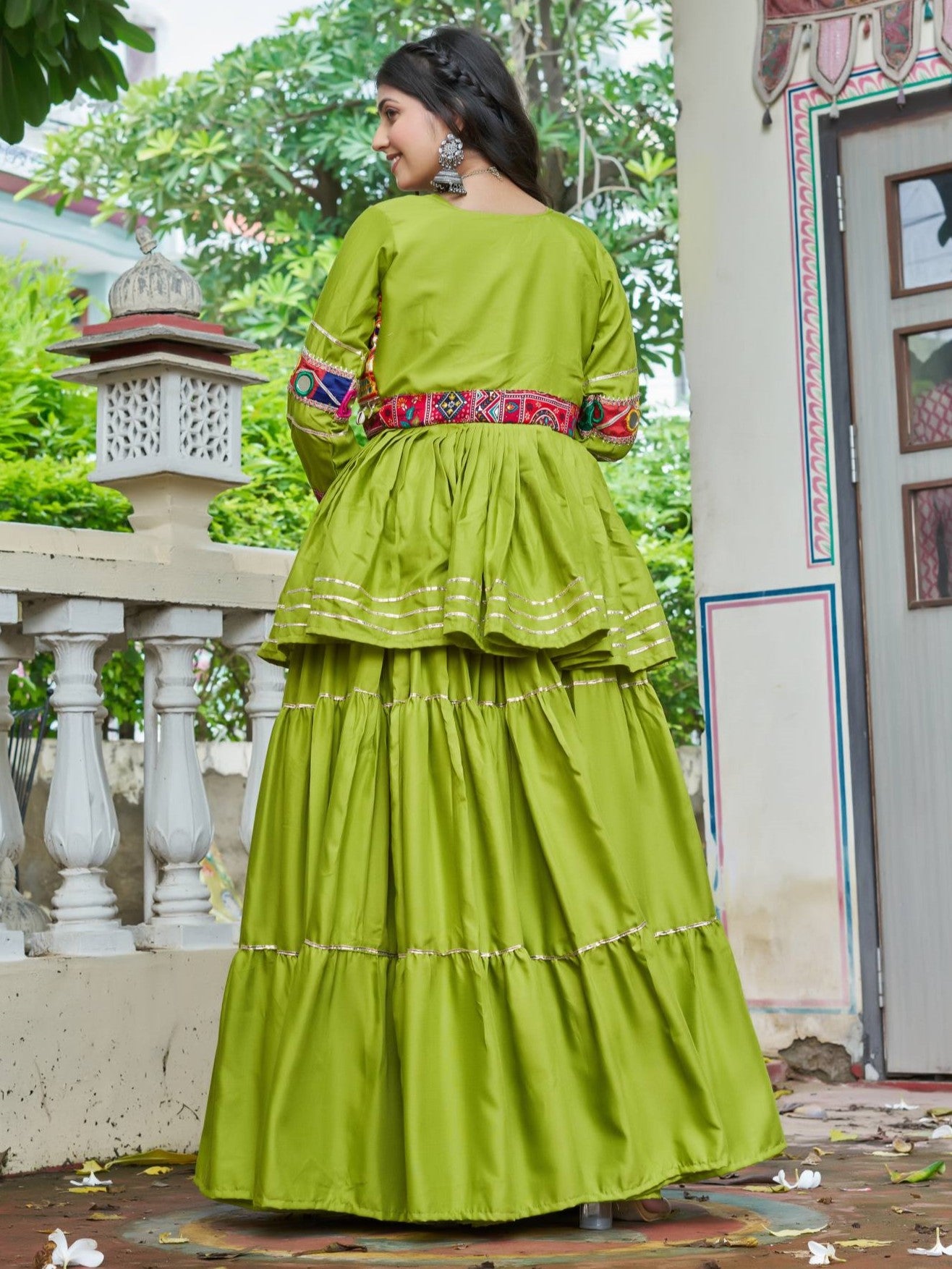 Awesome Green Cotton Festive Lehenga Choli With Jacket
